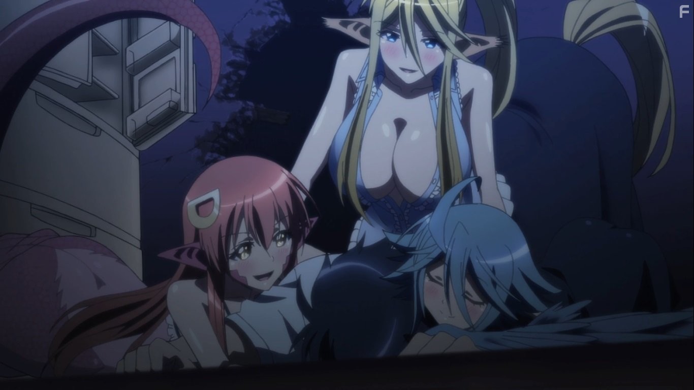 Junji Majima, Natsuki Aikawa, Sora Amamiya, and Ari Ozawa in Monster Musume no Iru Nichijou (2015)