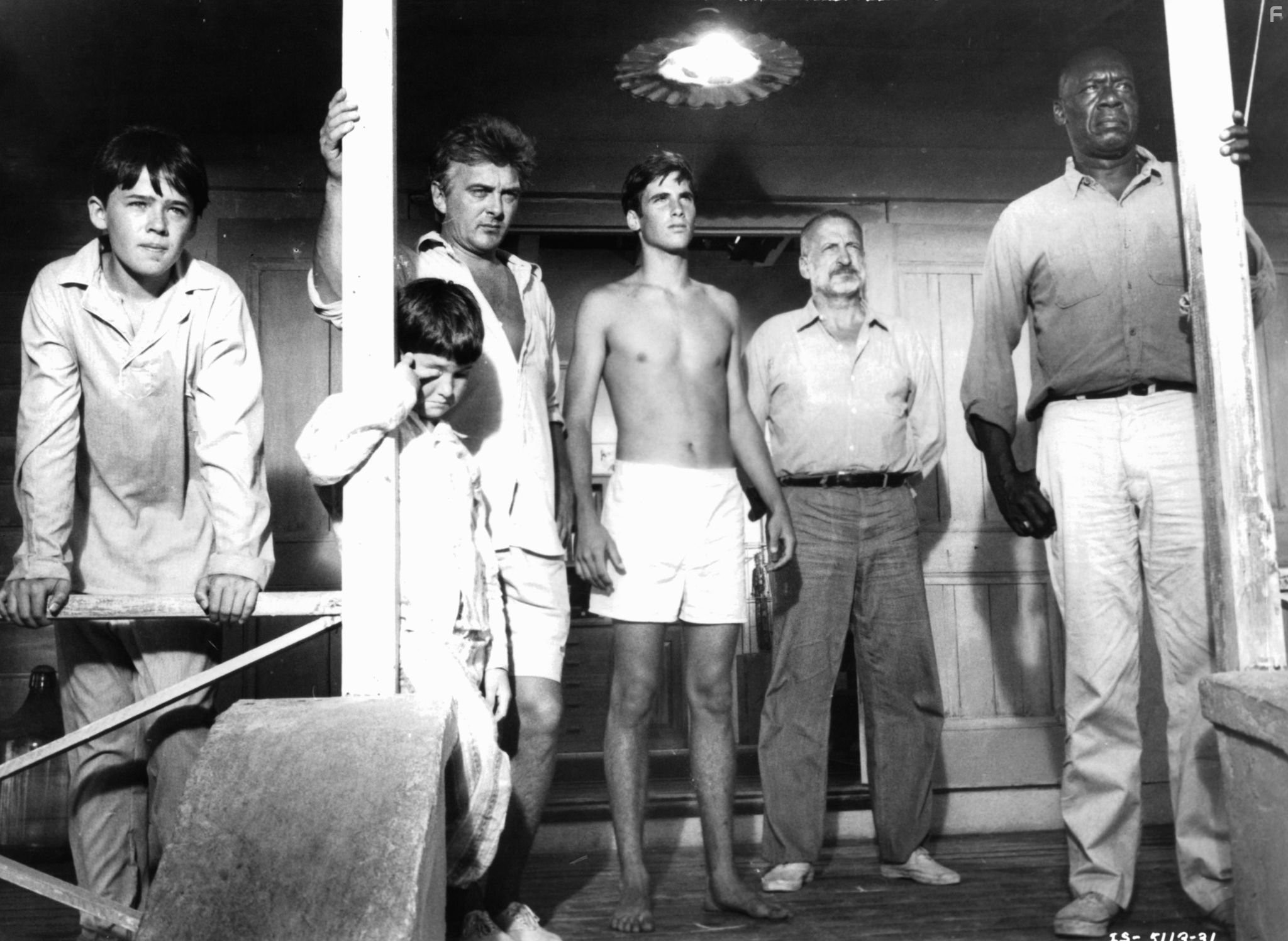 Hart Bochner, George C. Scott, Julius Harris, David Hemmings, Brad Savage, and Michael-James Wixted in Islands in the Stream (1977)