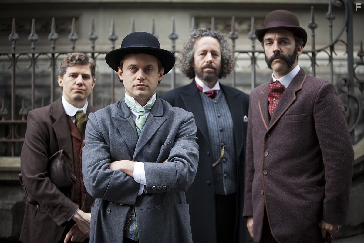 Marco Chiappi, Charlie Cousins, Felix Williamson, and Oliver Ackland in The Mystery of a Hansom Cab (2012)