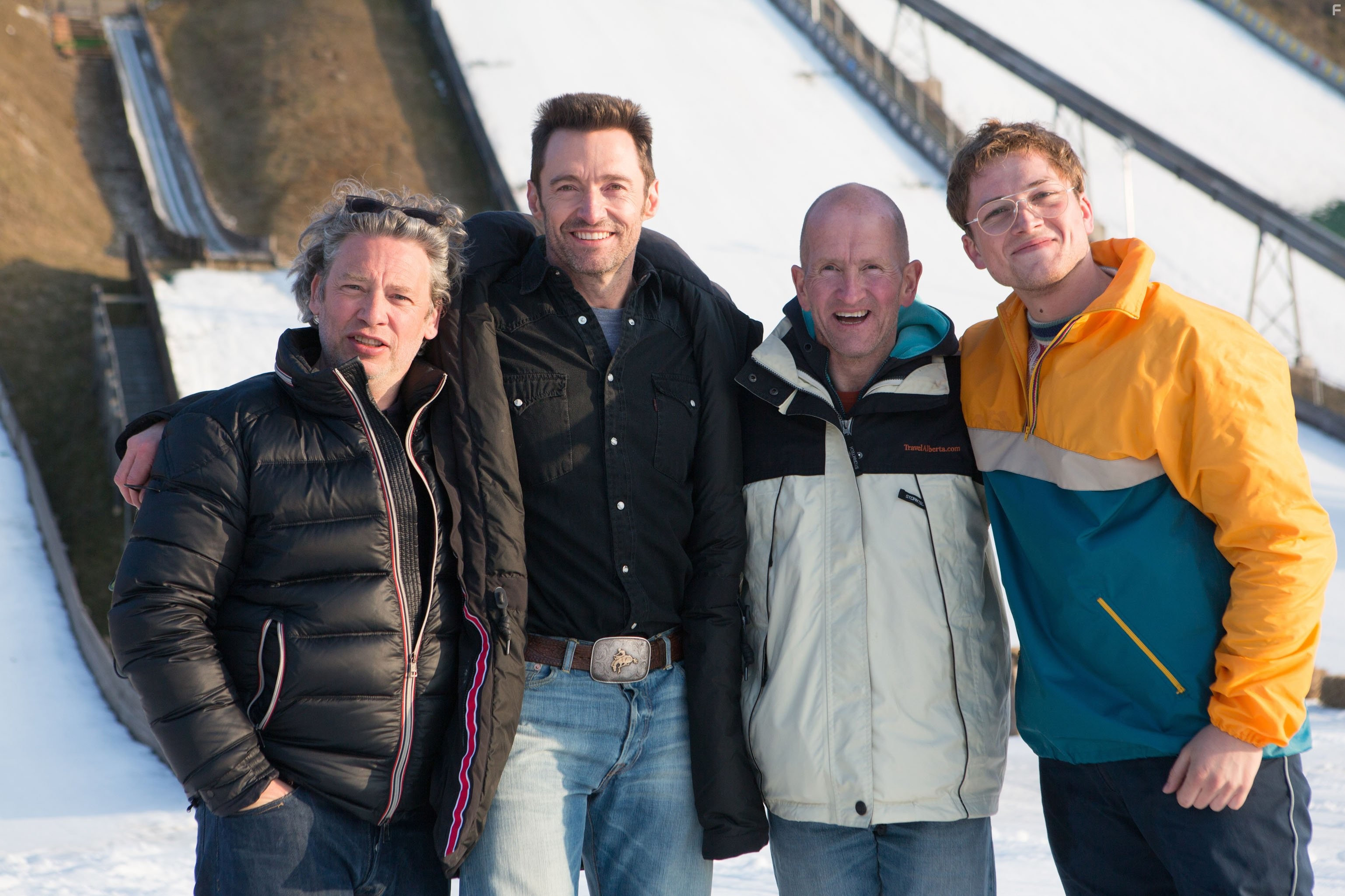 Dexter Fletcher, Hugh Jackman, Eddie 'The Eagle' Edwards, and Taron Egerton in Эдди 'Орёл' (2016)