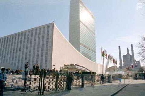The U.N. headquarters as seen in The Interpreter, a suspenseful thriller of international intrigue set inside the political corridors of the United Nations and on the streets of New York.