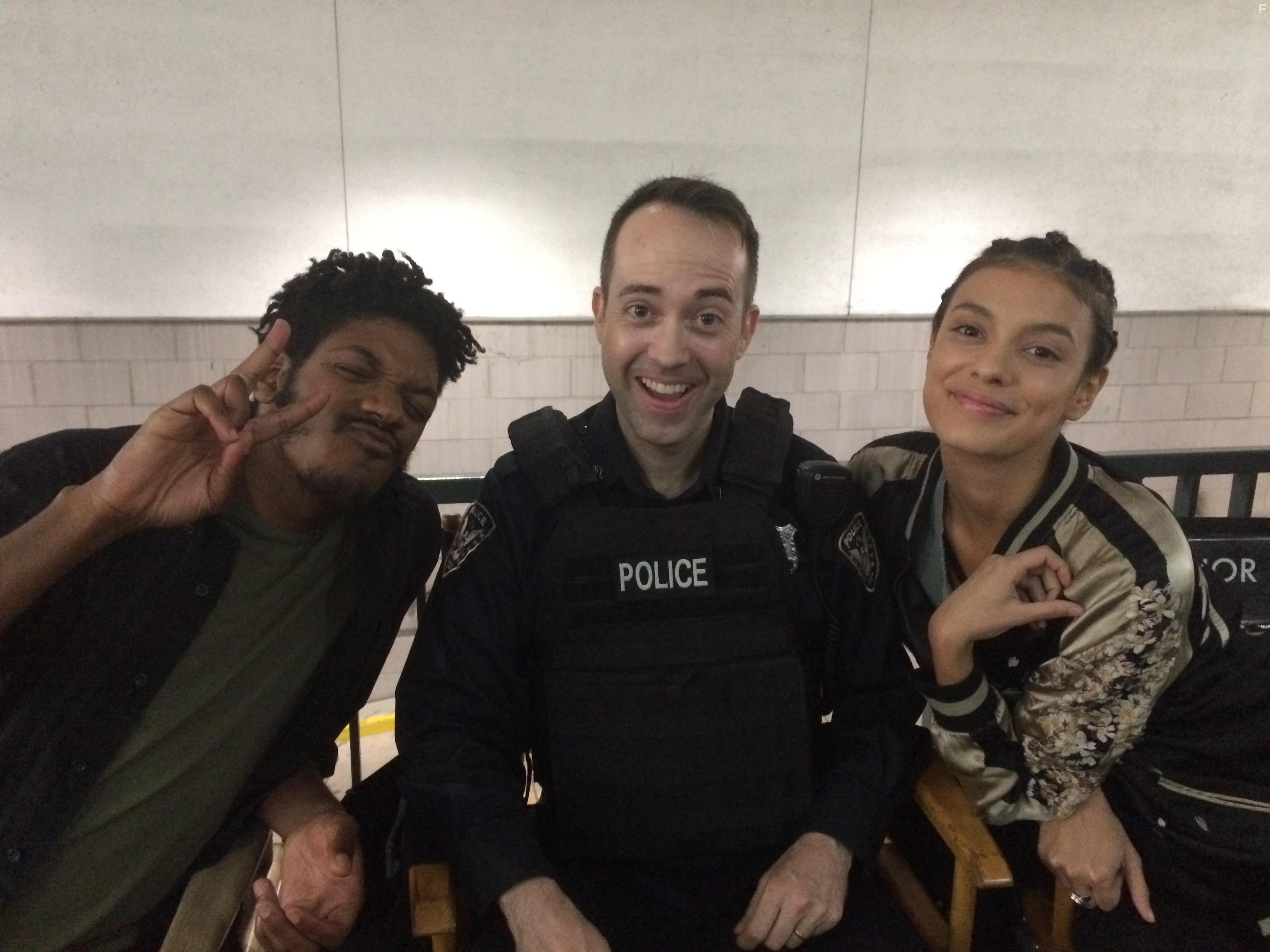 Jeff Sinasac, Laysla De Oliveira and Vlad Alexis on the set of Code 8.