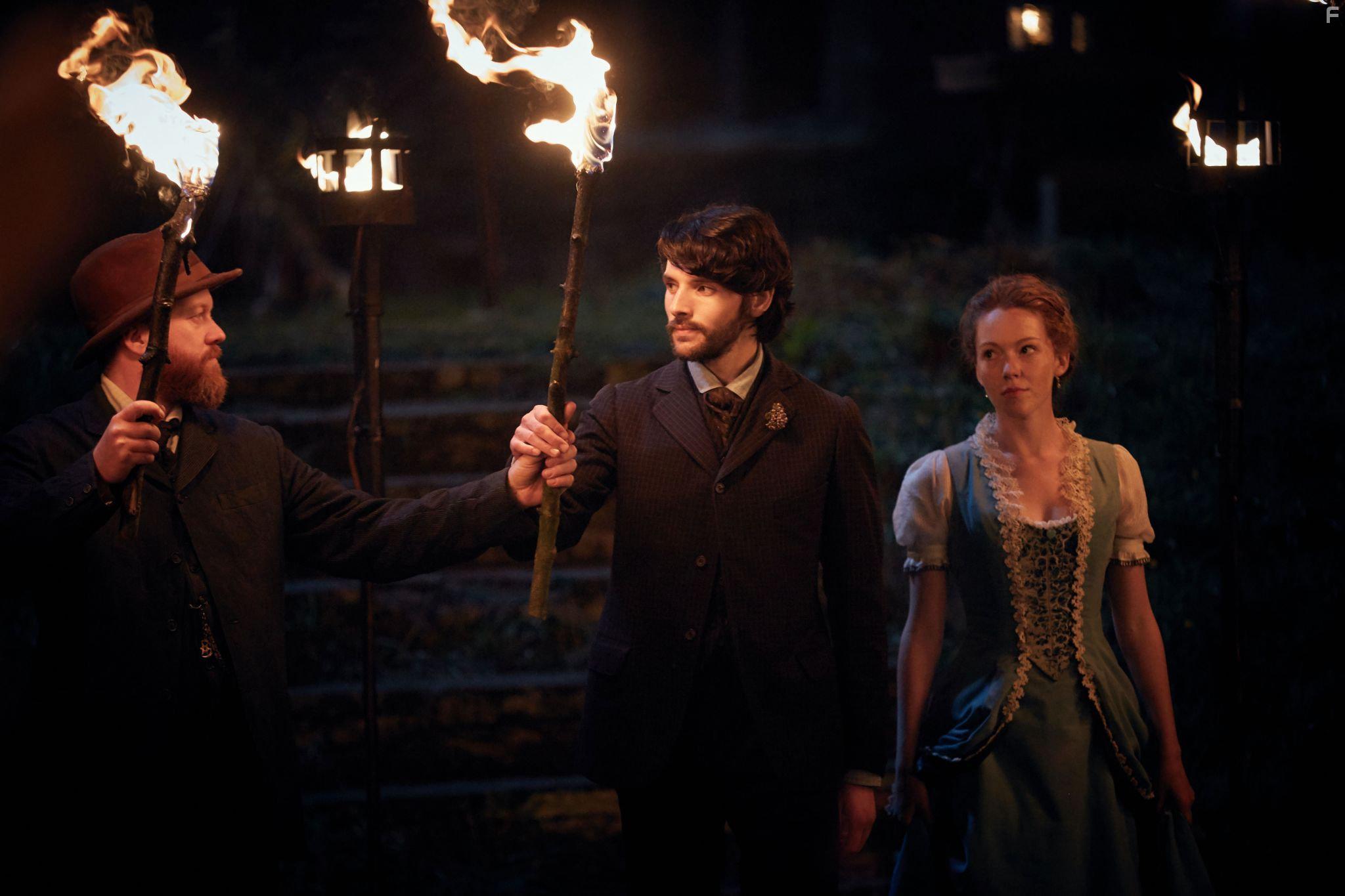 Steve Oram, Charlotte Spencer, and Colin Morgan in The Living and the Dead (2016)
