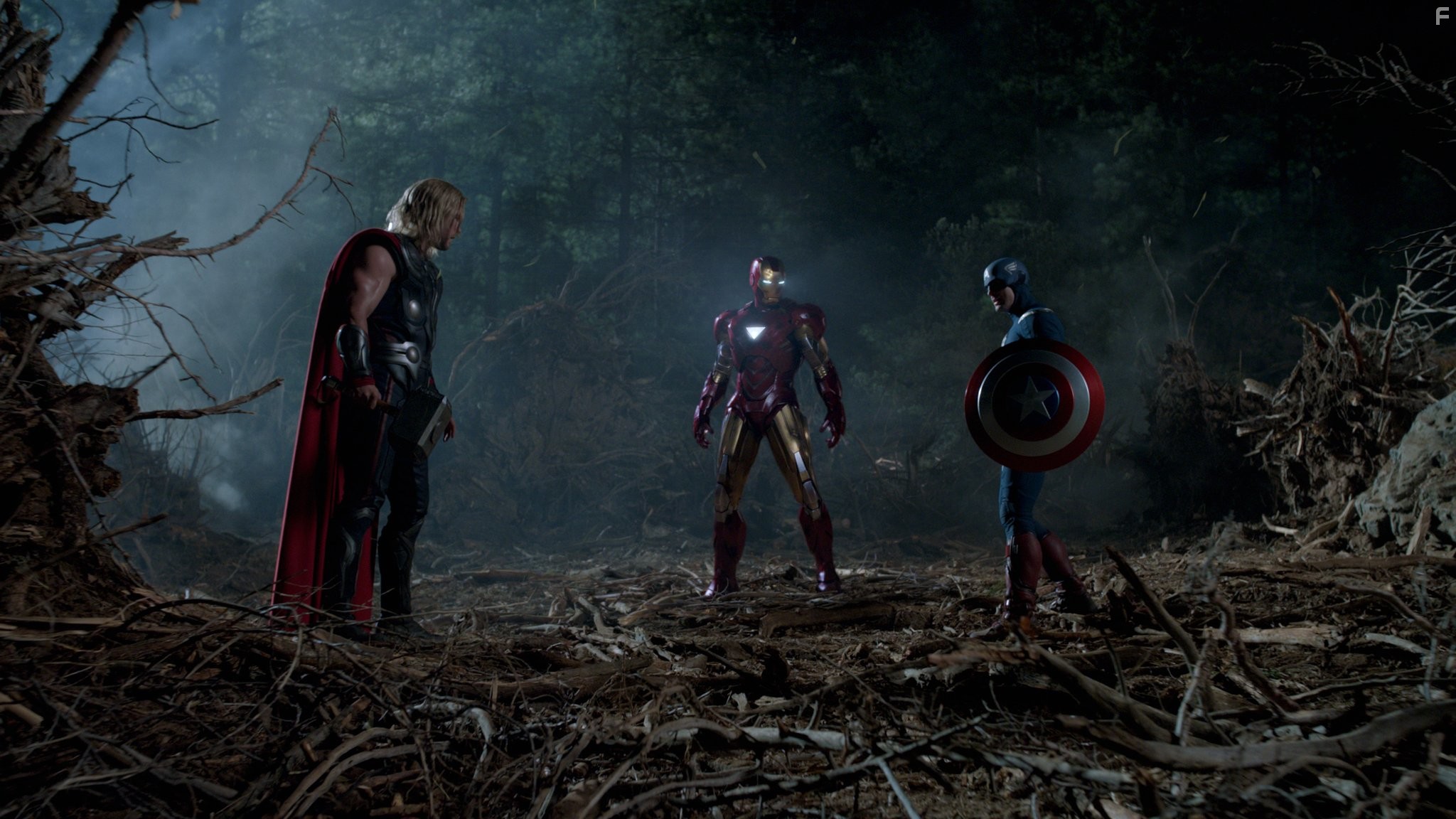 Robert Downey Jr., Chris Evans, and Chris Hemsworth in Мстители (2012)