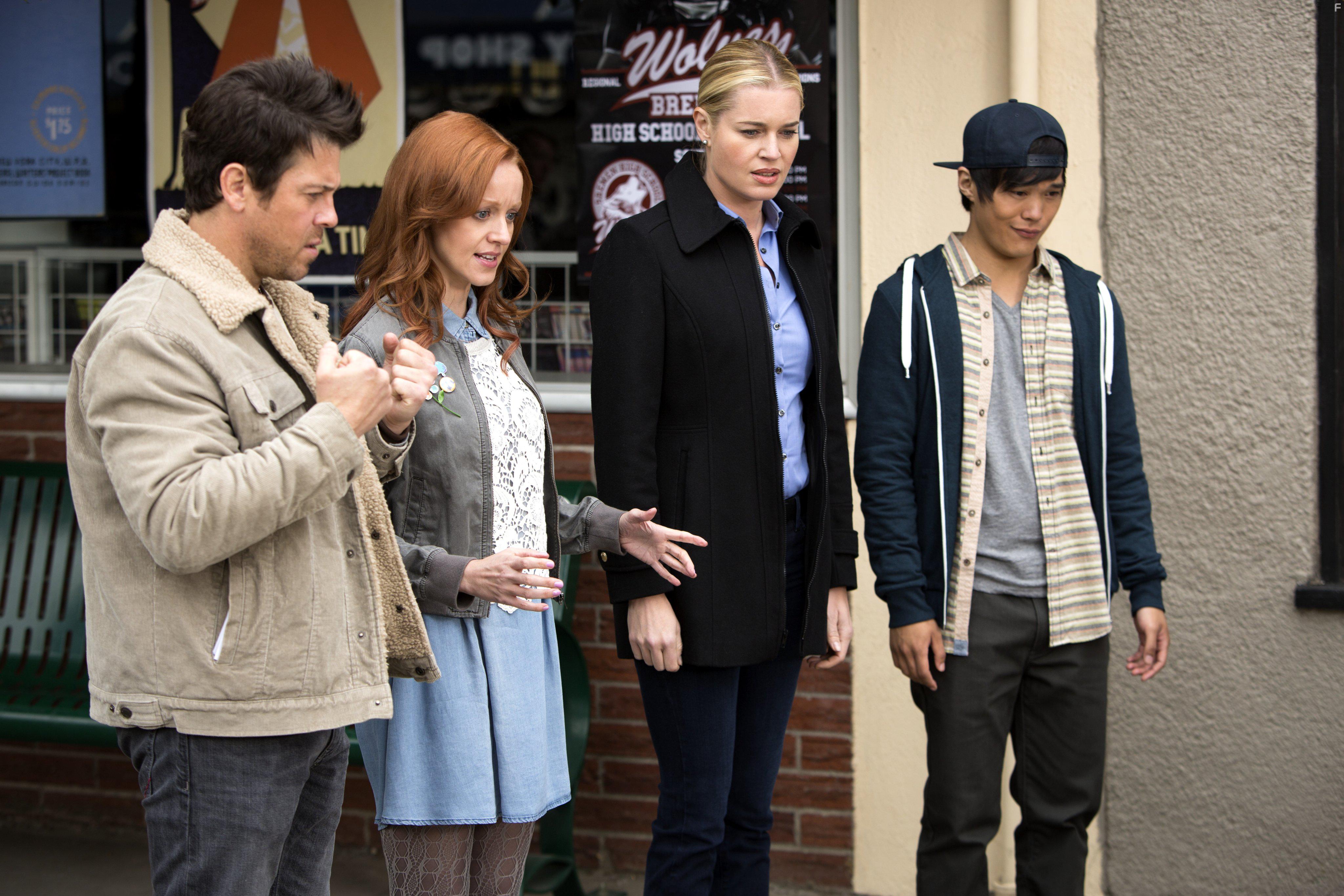 Rebecca Romijn, Lindy Booth, Christian Kane, and John Harlan Kim in The Librarians (2014)