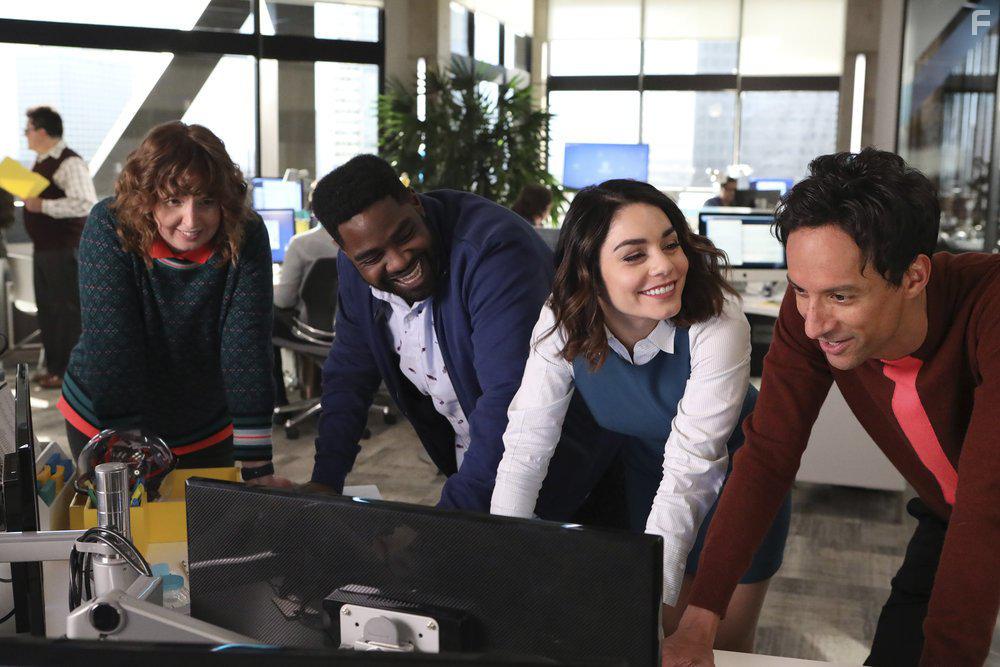 Vanessa Hudgens, Danny Pudi, Ron Funches, and Jennie Pierson in Powerless (2017)