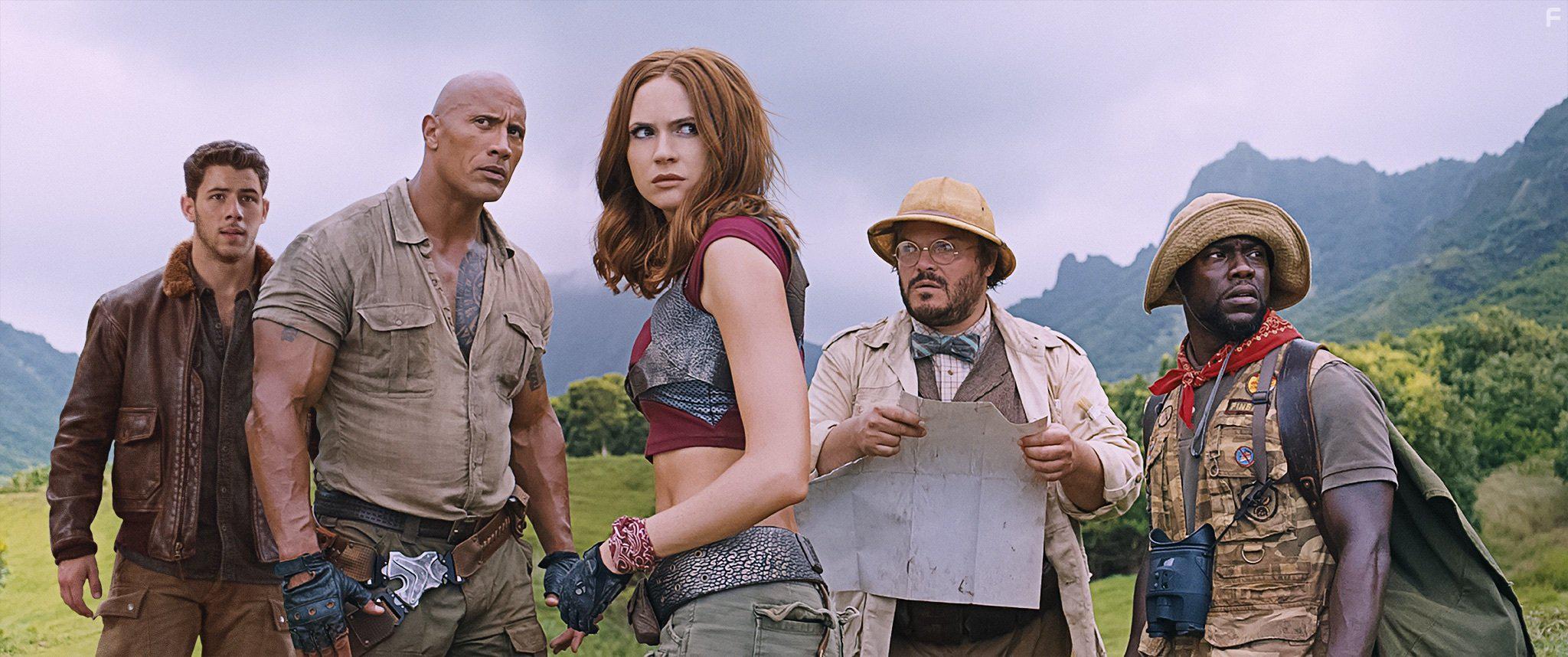 Jack Black, Kevin Hart, Dwayne Johnson, Karen Gillan, and Nick Jonas in Jumanji: Welcome to the Jungle (2017)
