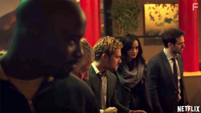 Scott Glenn, Charlie Cox, Krysten Ritter, Mike Colter, and Finn Jones in The Defenders (2017)