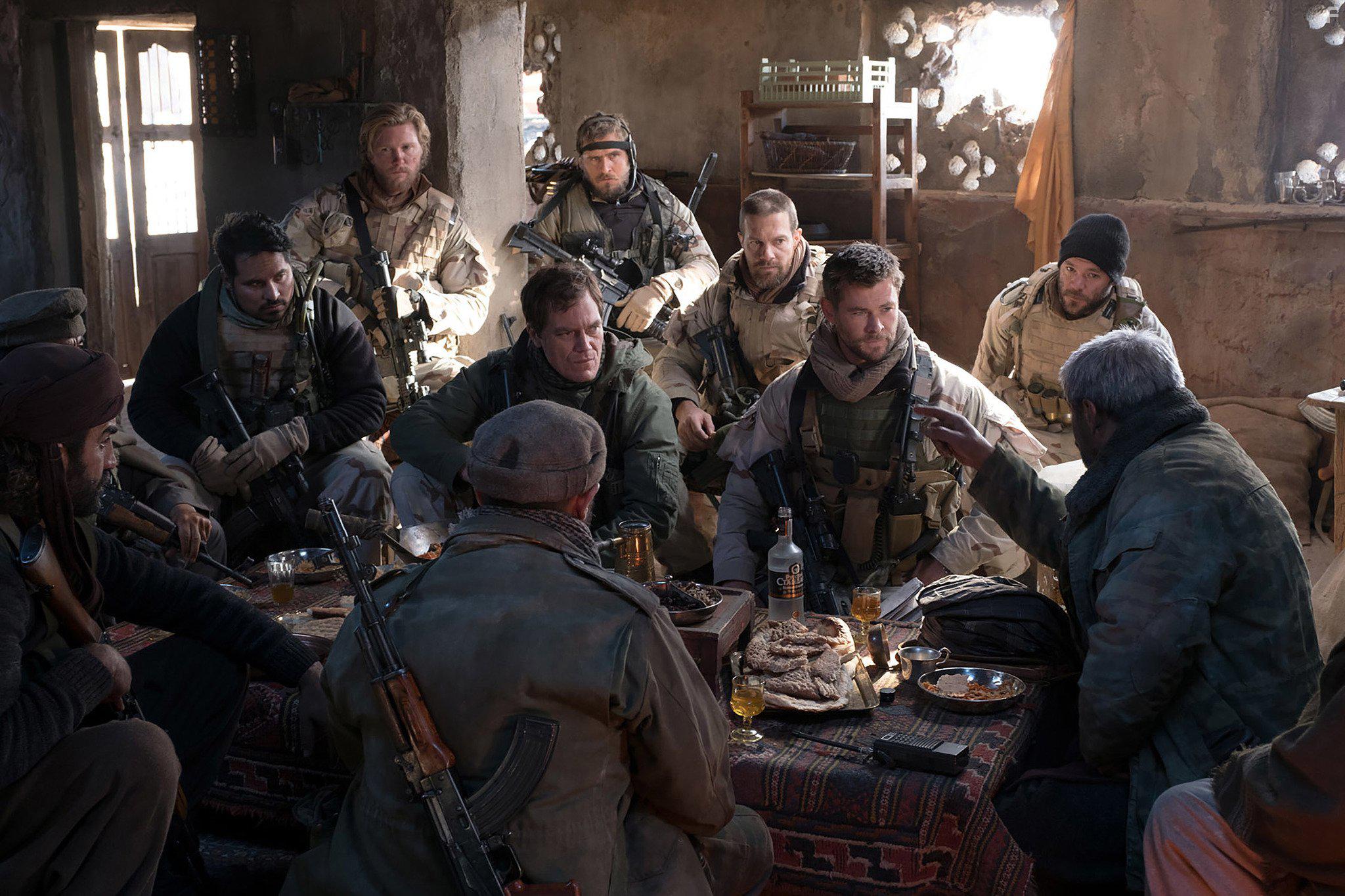 Thad Luckinbill, Michael Pea, Michael Shannon, Geoff Stults, Navid Negahban, Chris Hemsworth, Fahim Fazli, Austin Hbert, and Jack Kesy in 12 Strong (2018)