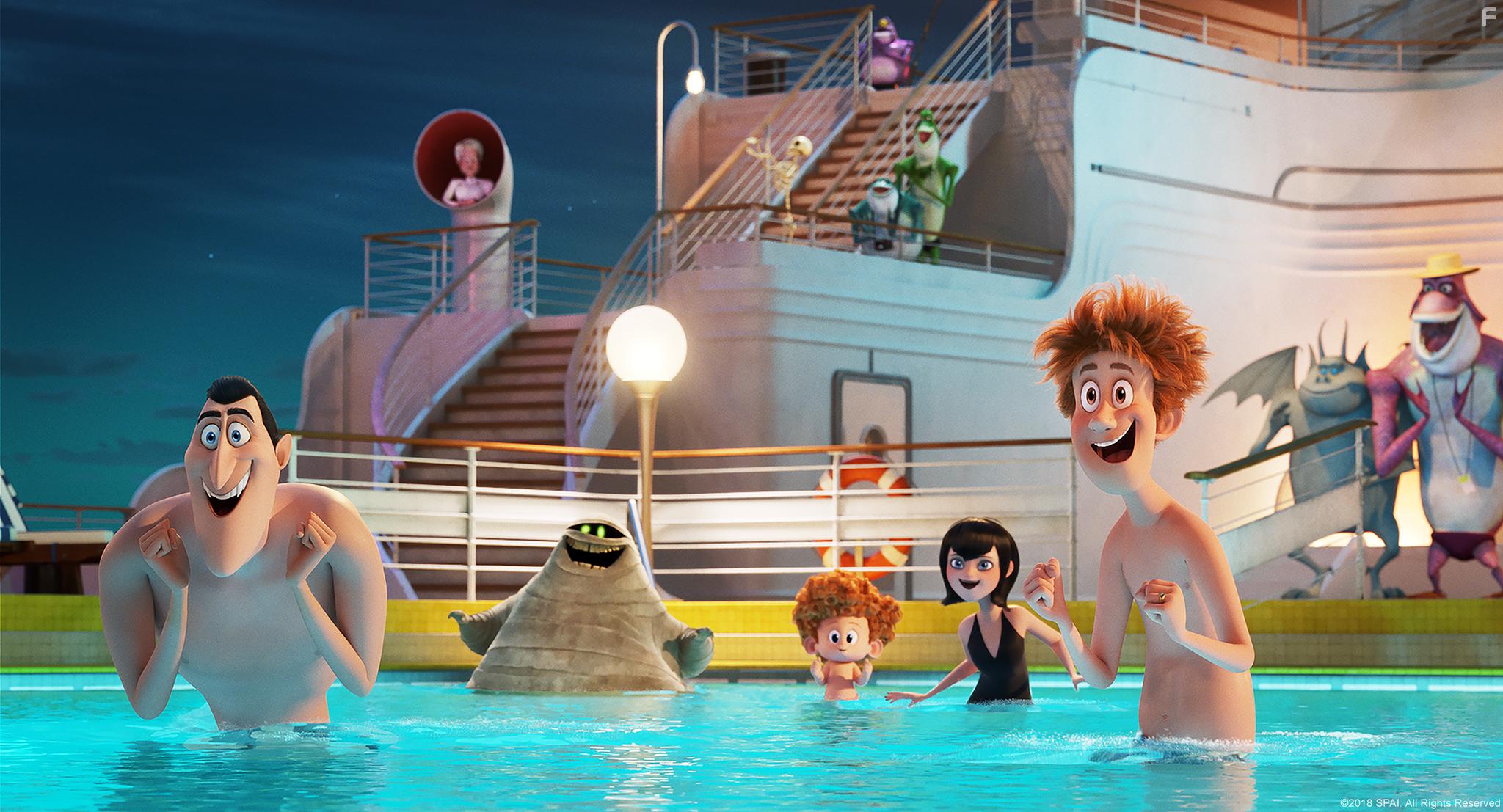 Adam Sandler, Kathryn Hahn, Keegan-Michael Key, Selena Gomez, and Andy Samberg in Hotel Transylvania 3: Summer Vacation (2018)