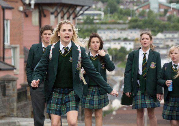 Nicola Coughlan, Dylan Llewellyn, Louisa Harland, Jamie-Lee O'Donnell, and Saoirse-Monica Jackson in Derry Girls (2017)