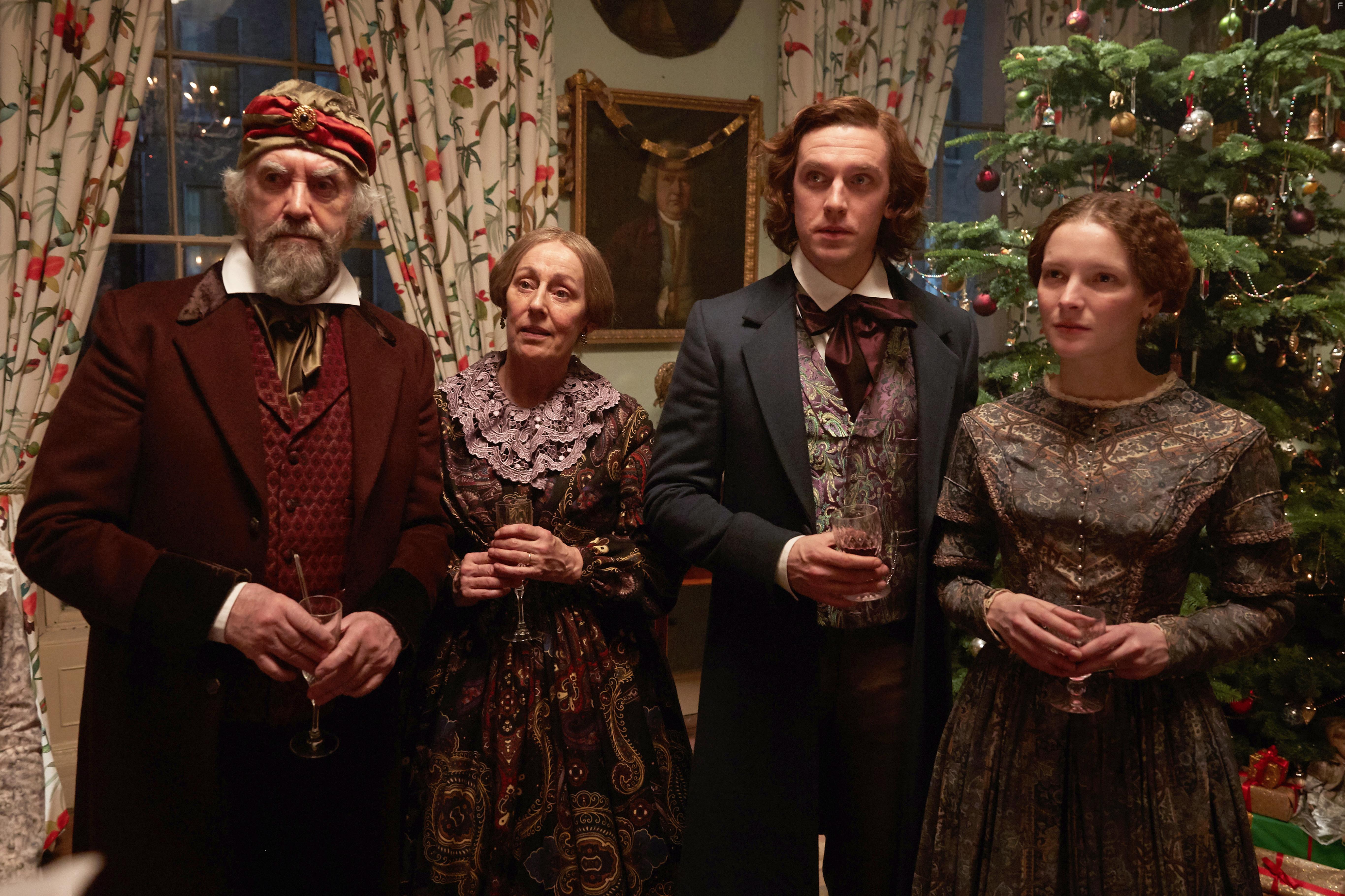 Jonathan Pryce, Ger Ryan, Dan Stevens, and Morfydd Clark in The Man Who Invented Christmas (2017)