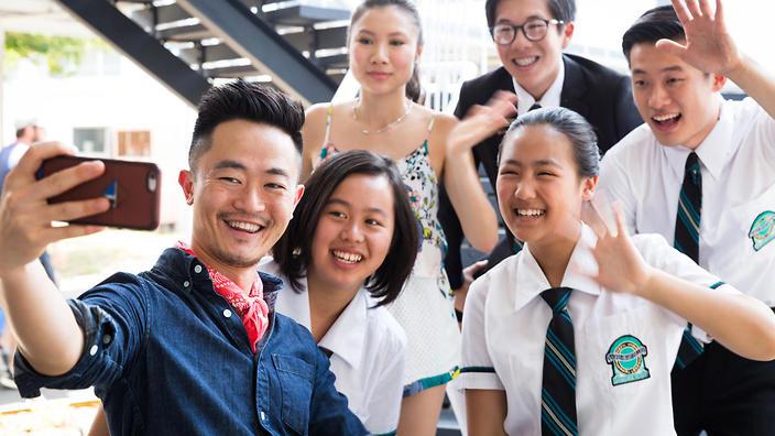 'The Family Law' creator Benjamin Law takes a selfie with Trystan Go, Shuang Hu, George Zhao, Karina Lee and Vivian Wei