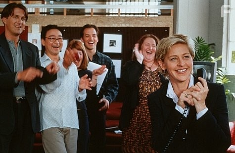 Cynthia Topping (Ellen DeGeneres)and her staff watch with delight as their creation, "EDtv," becomes a public obsession and media sesation.