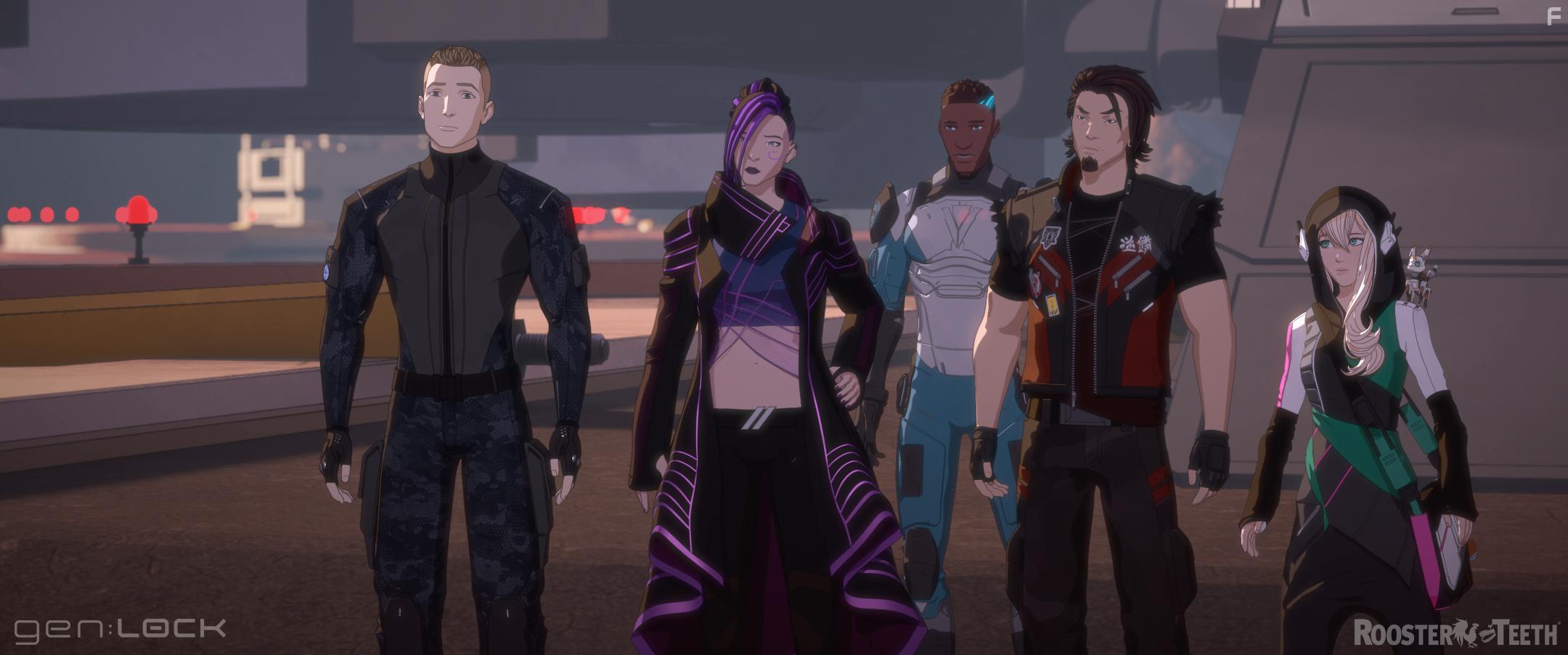 Michael B. Jordan, Kichi Yamadera, Asia Kate Dillon, Maisie Williams, and Blaine Gibson in Gen: Lock (2019)