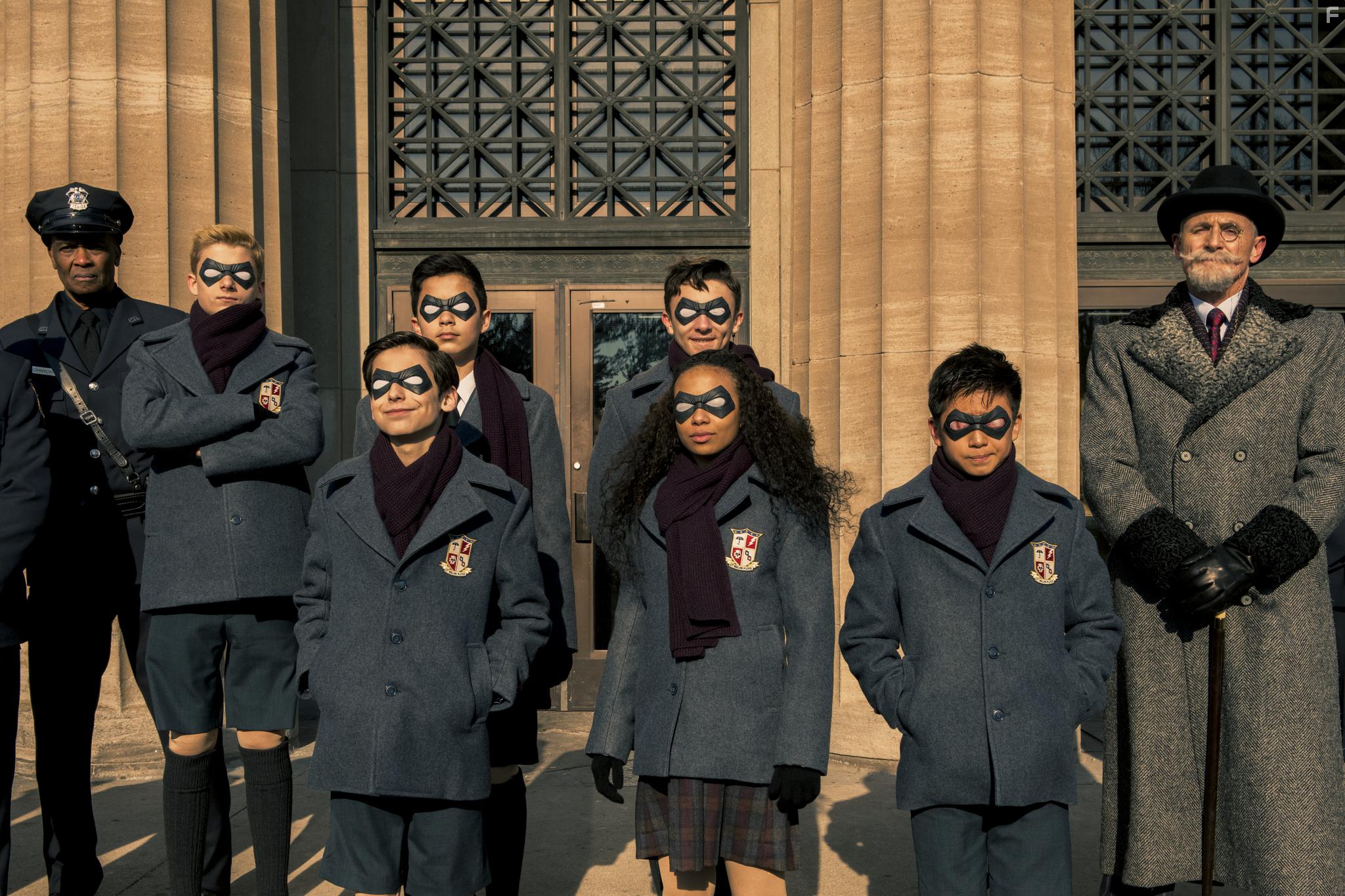 Colm Feore, Dante Albidone, Aidan Gallagher, Cameron Brodeur, Eden Cupid, Ethan Hwang, and Blake Talabis in The Umbrella Academy (2019)