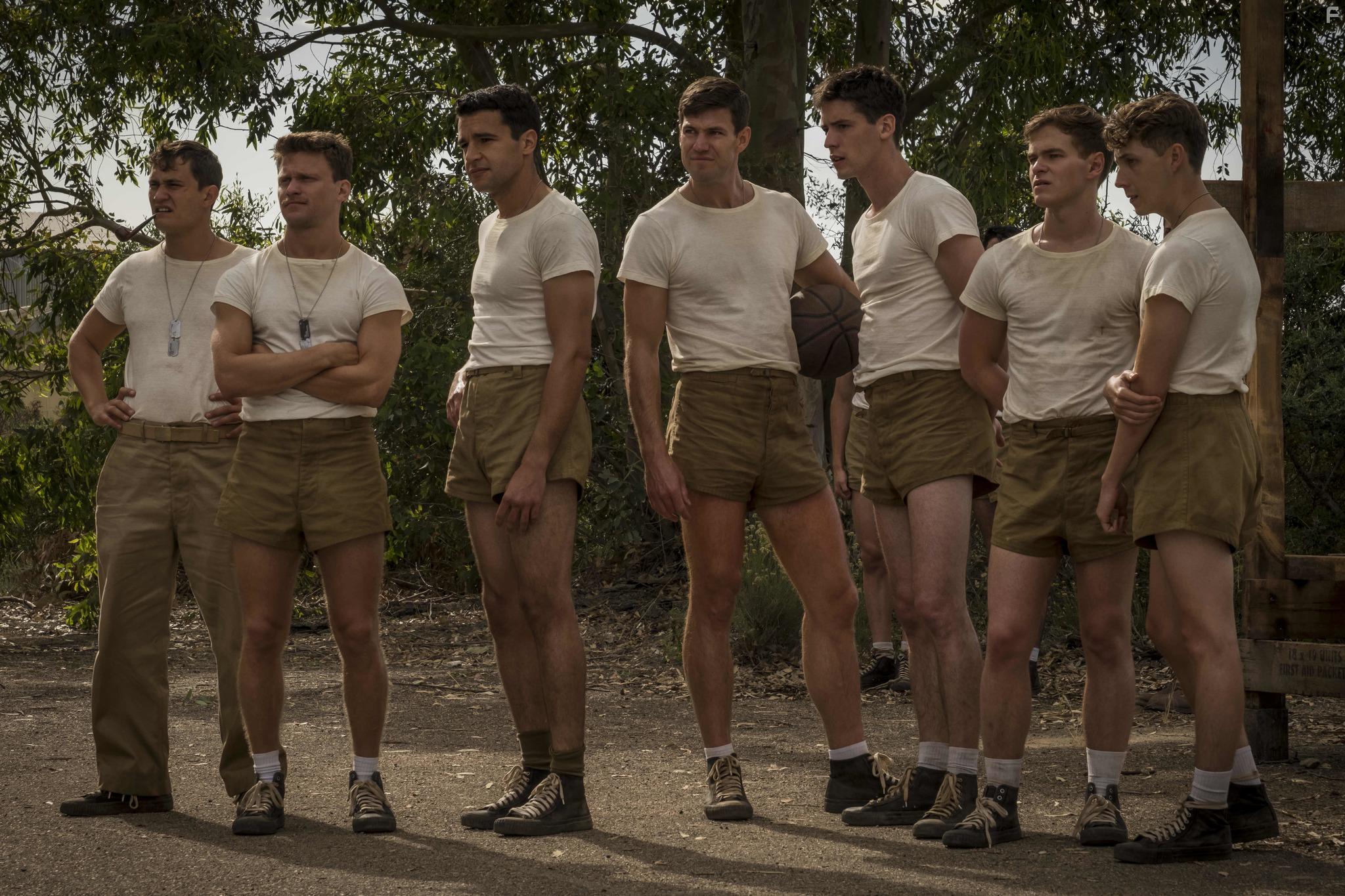 Rafi Gavron, Gerran Howell, Graham Patrick Martin, Austin Stowell, Christopher Abbott, Pico Alexander, and Jon Rudnitsky in Catch-22 (2019)