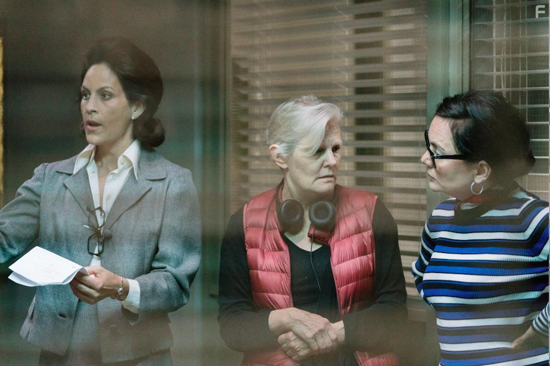 on the set of Charlie Says with Mary Harron and Annabeth Gish