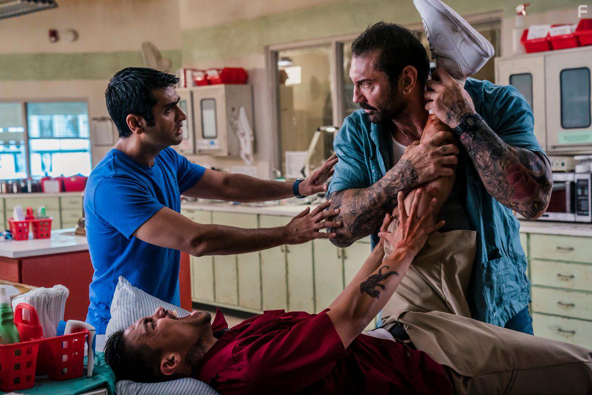 Dave Bautista, Rene Moran, and Kumail Nanjiani in Stuber (2019)