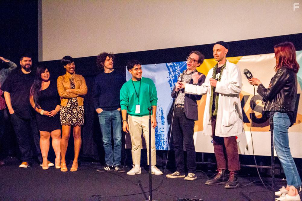Joel Potrykus, Andre Hyland, Joshua Burge, and Alan Palomo at an event for Relaxer (2018)