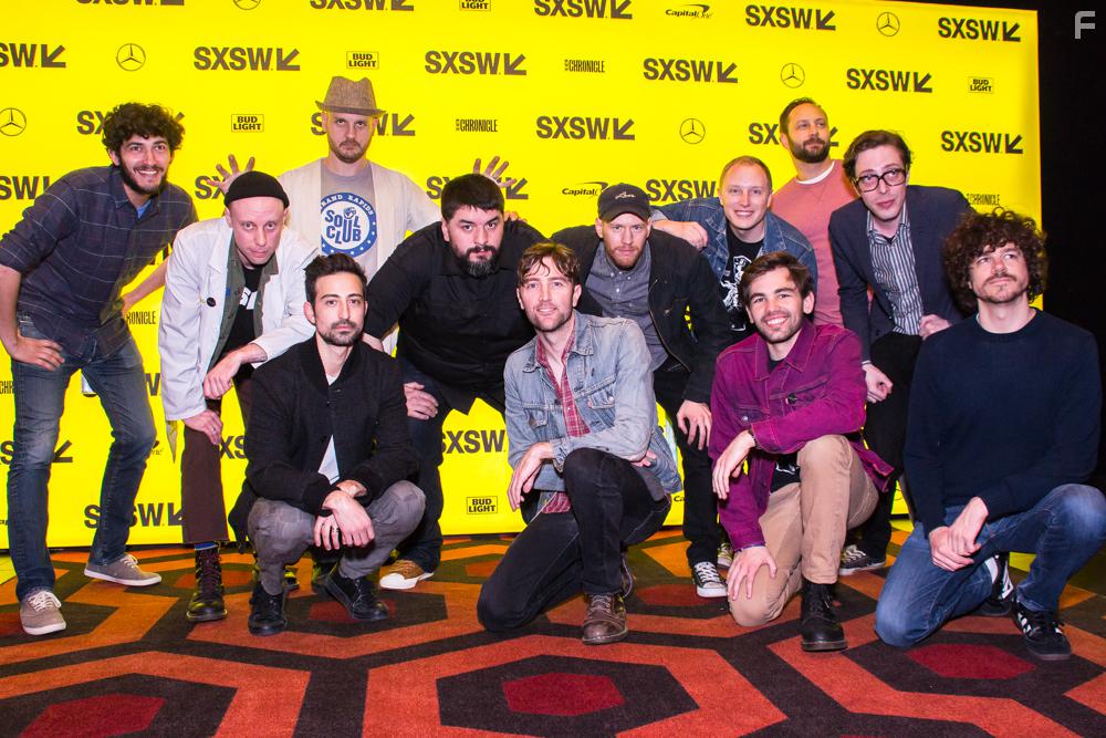 Joel Potrykus, Andre Hyland, Michael Saunders, Jackson Ezinga, Joshua Burge, and Adam J. Minnick at an event for Relaxer (2018)