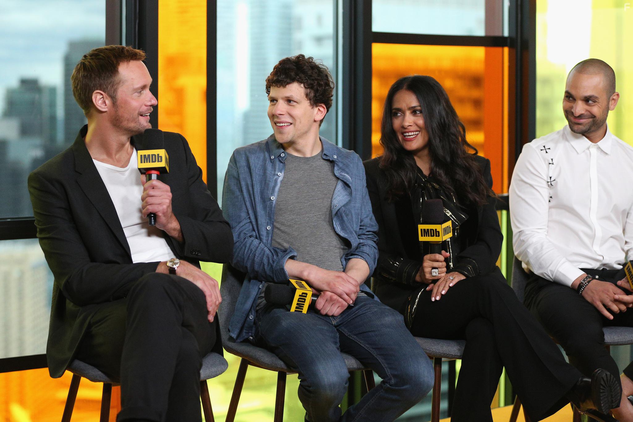 Salma Hayek, Alexander Skarsgrd, Jesse Eisenberg, and Michael Mando at an event for The Hummingbird Project (2018)