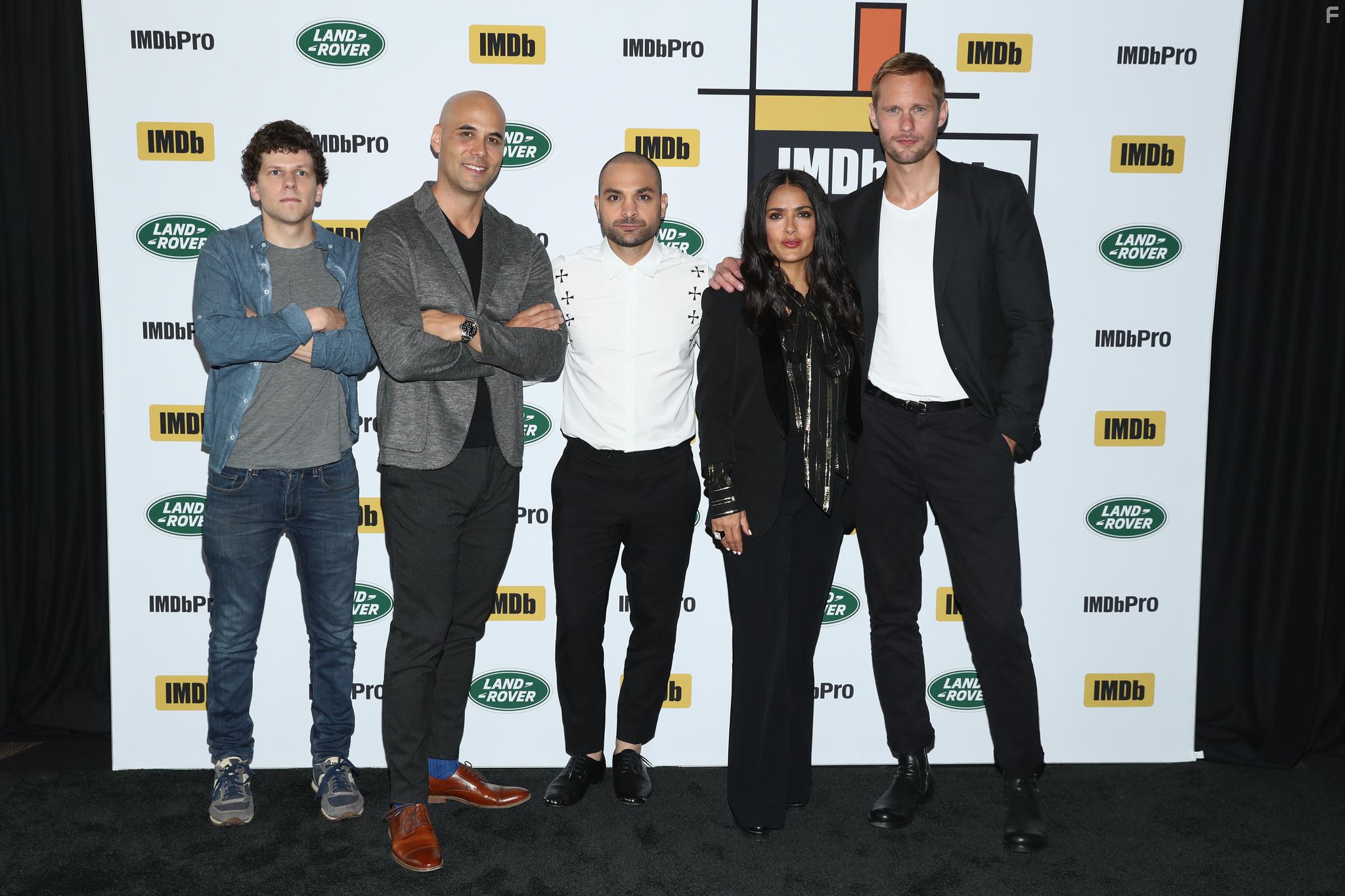 Salma Hayek, Alexander Skarsgrd, Jesse Eisenberg, Kim Nguyen, and Michael Mando at an event for The Hummingbird Project (2018)