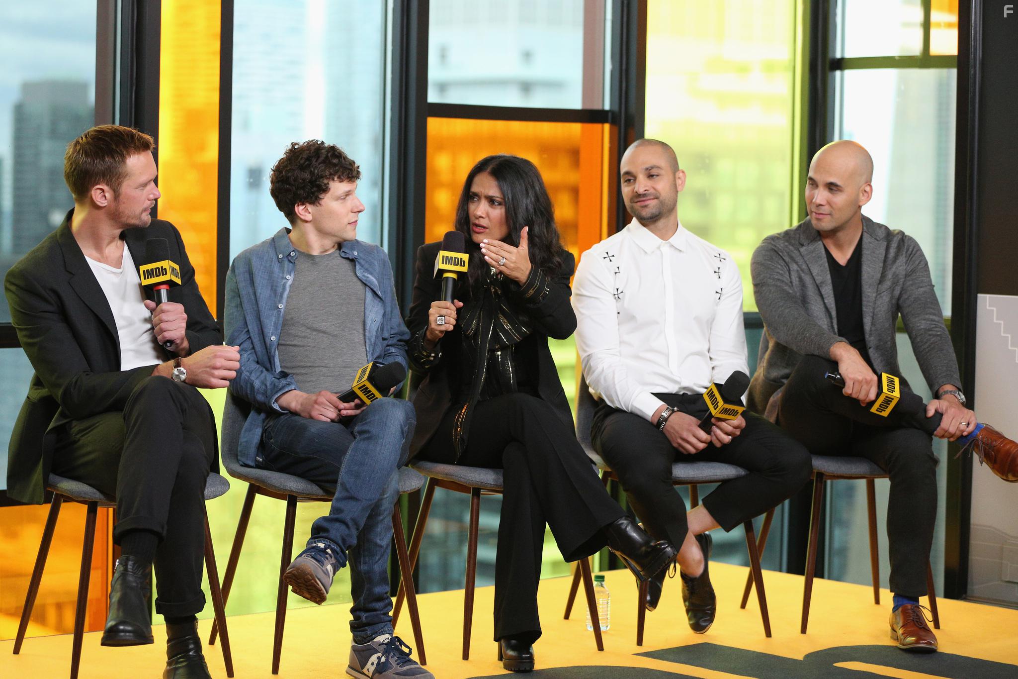 Salma Hayek, Alexander Skarsgrd, Jesse Eisenberg, Kim Nguyen, and Michael Mando at an event for The Hummingbird Project (2018)