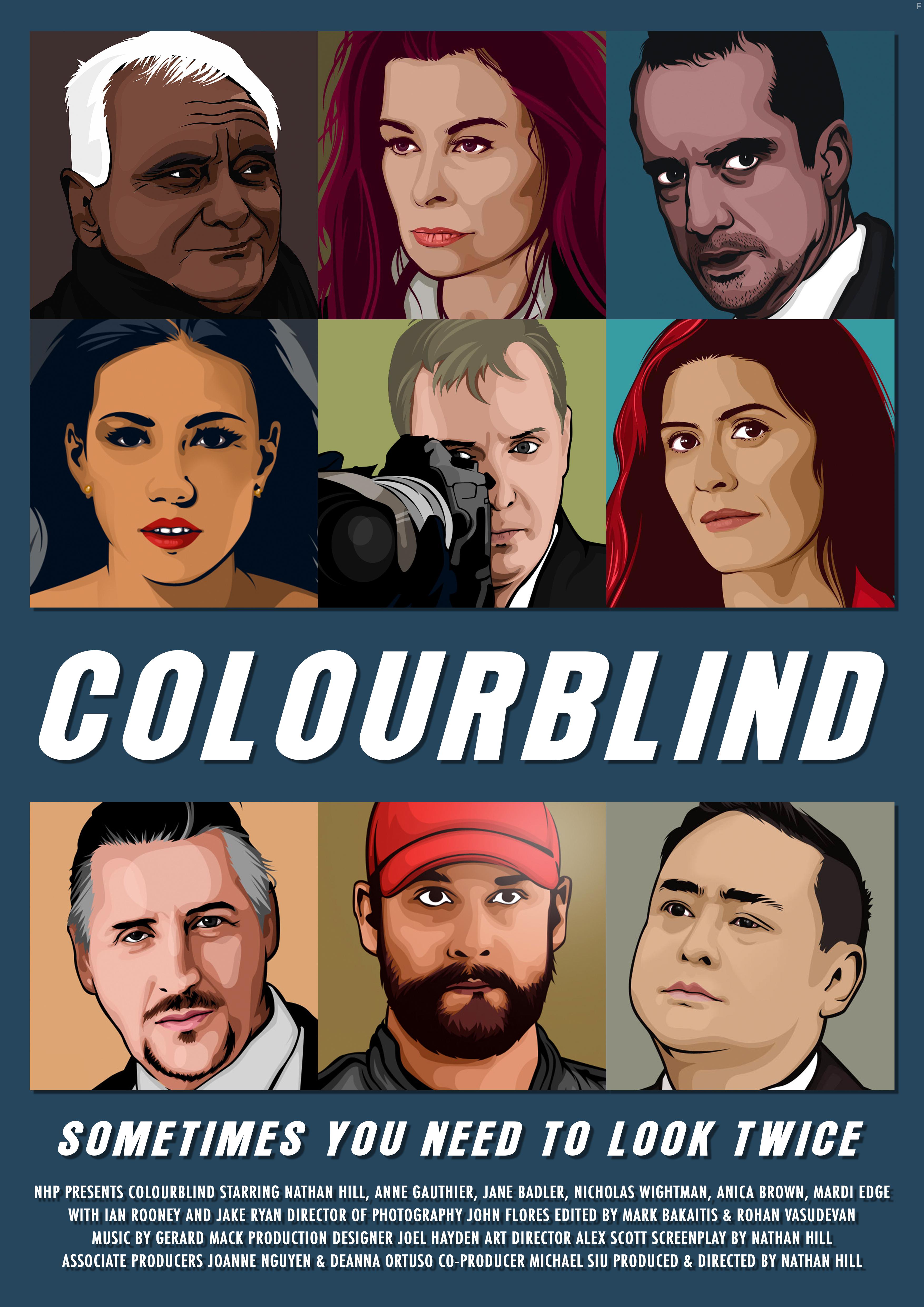 Jane Badler, Paul Moder, Celeste Wilson, Ian Rooney, Nathan Hill, Nicholas Wightman, Anne Gauthier, Jake Ryan, and Michael Siu in Colourblind (2019)