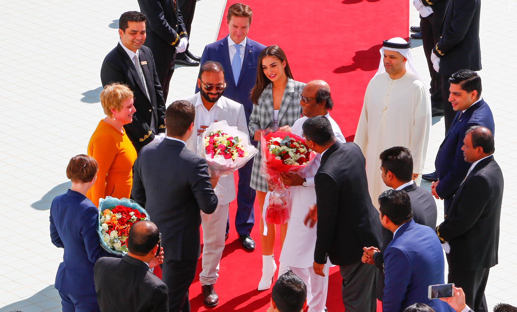 Rajinikanth, Amy Jackson, and A. Subaskaran at an event for 2.0 (2018)