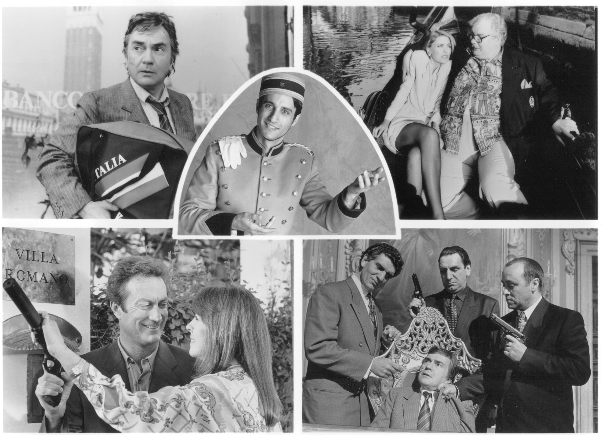 Bryan Brown, Dudley Moore, Bronson Pinchot, Richard Griffiths, Andreas Katsulas, and Alison Steadman in Во всём виноват посыльный (1992)