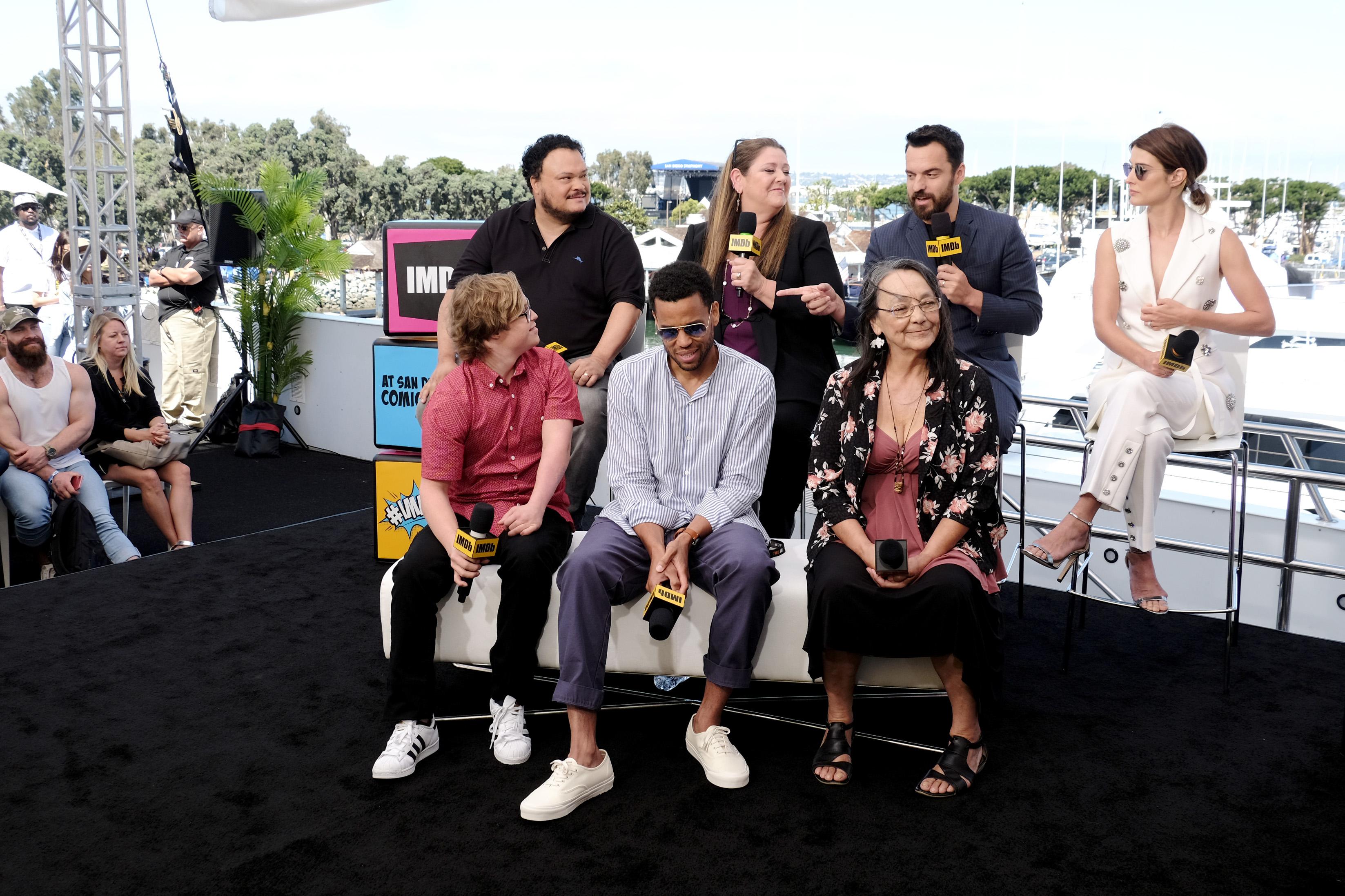 Tantoo Cardinal, Camryn Manheim, Adrian Martinez, Michael Ealy, Cobie Smulders, Jake Johnson, and Cole Sibus at an event for Stumptown (2019)