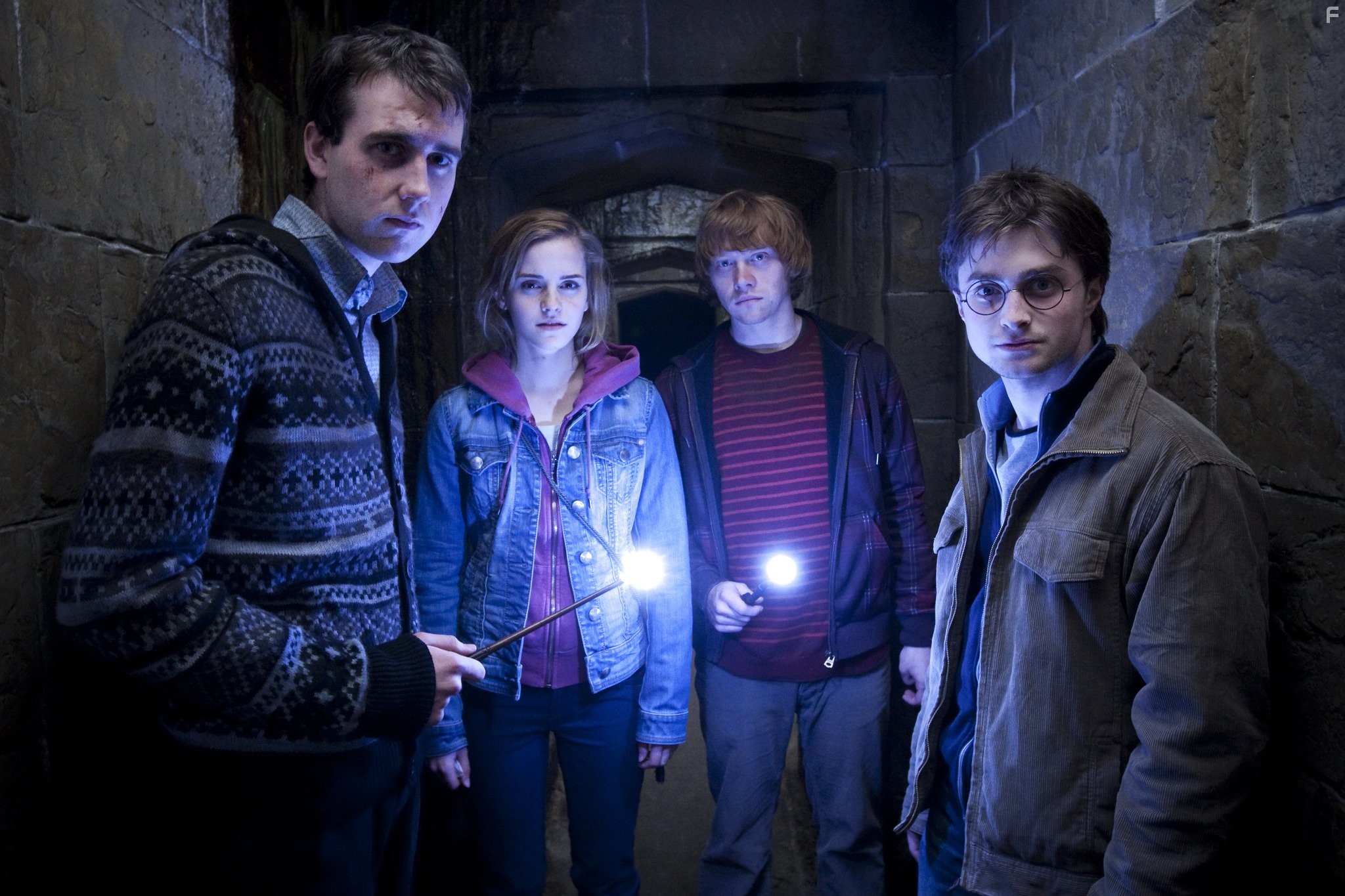 Rupert Grint, Matthew Lewis, Daniel Radcliffe, and Emma Watson in Гарри Поттер и Дары смерти: Часть II (2011)