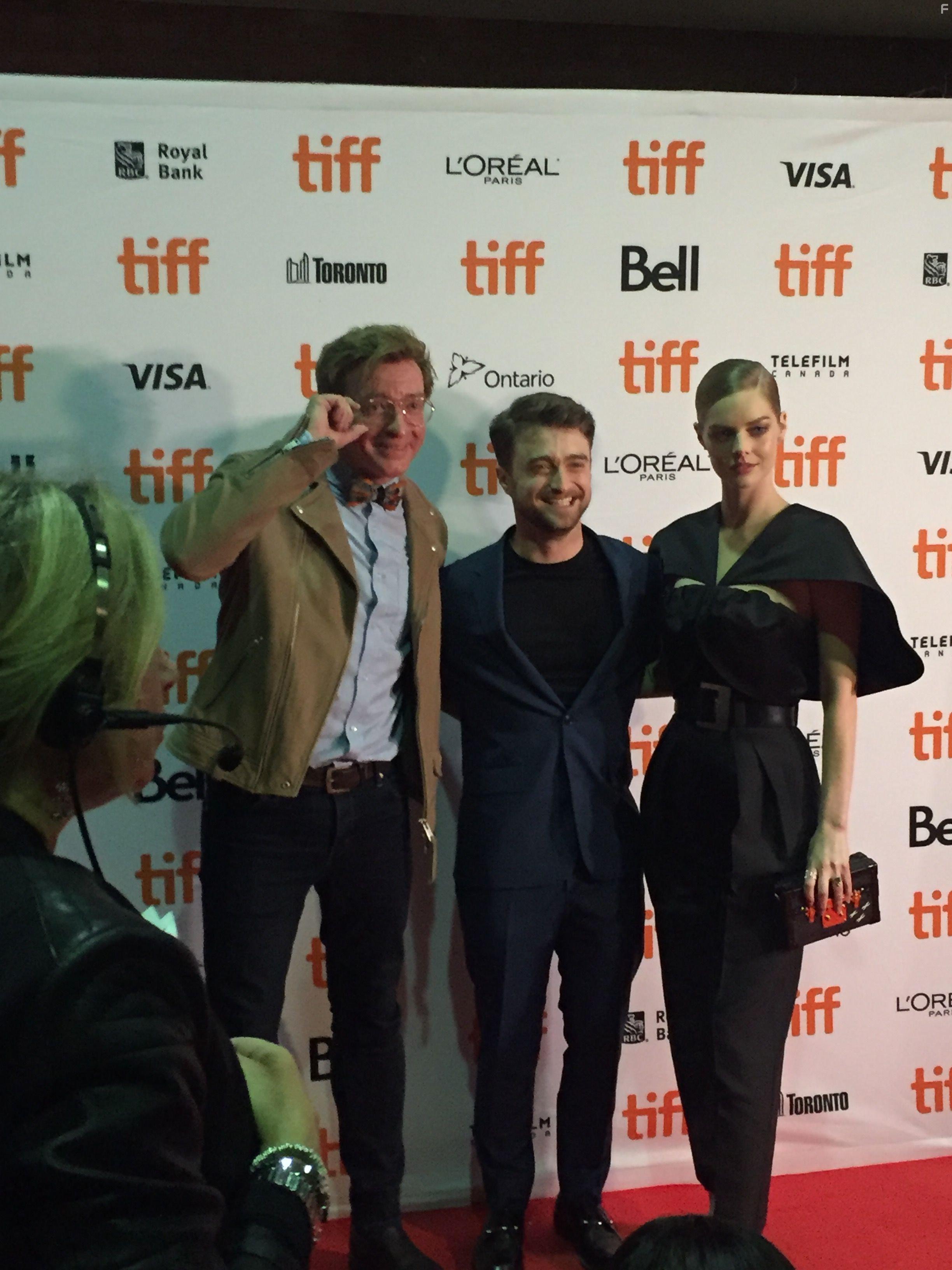 Daniel Radcliffe, Rhys Darby, and Samara Weaving at an event for Guns Akimbo (2019)