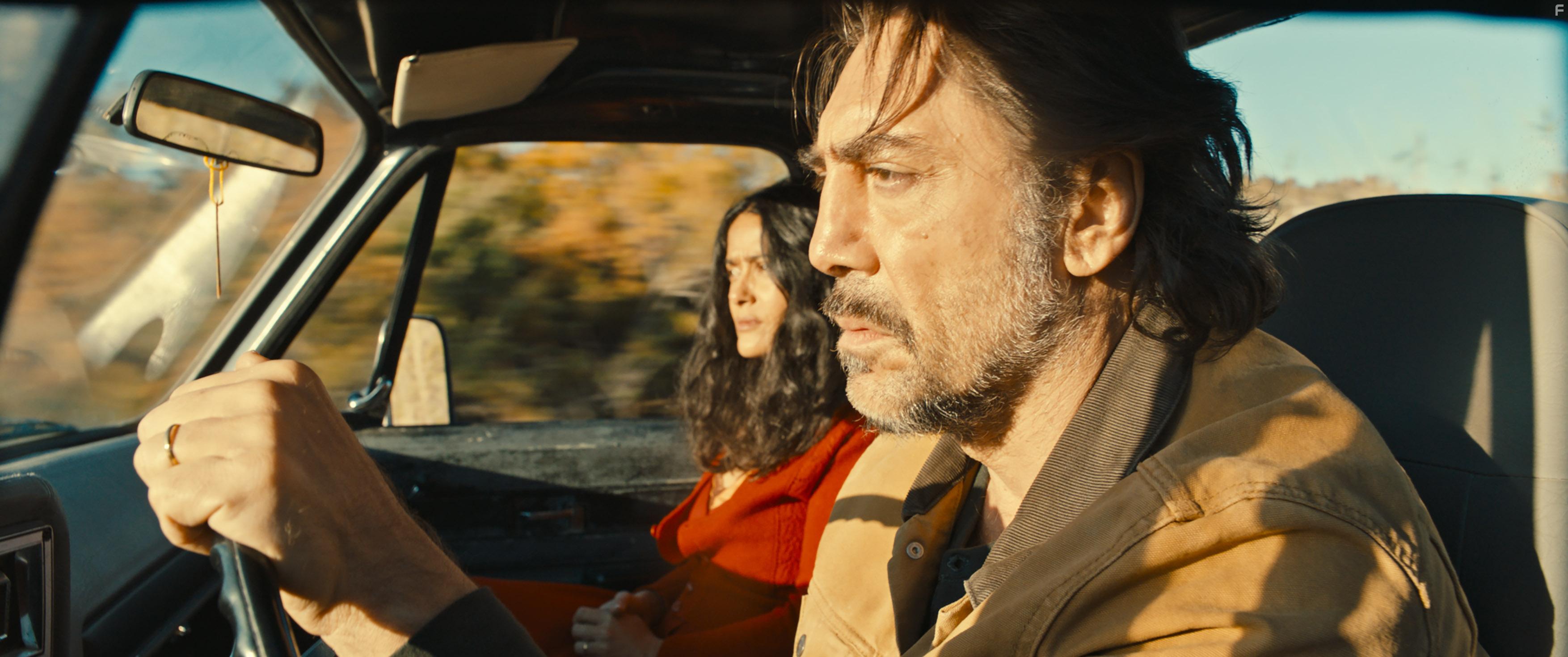 Salma Hayek and Javier Bardem in The Roads Not Taken (2020)