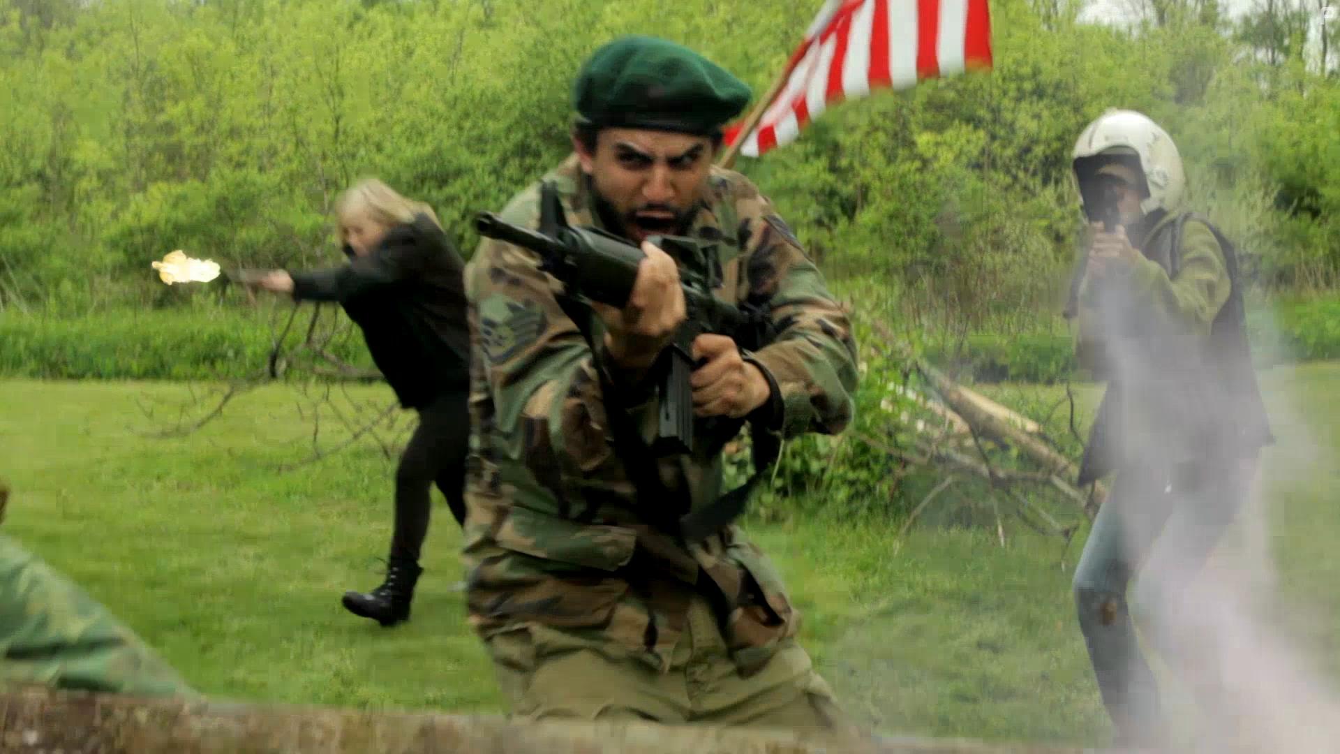 Andrew Elias, Brenda Rickert, and Yvonne Stephenson in Post Apocalyptic Commando Shark (2018)