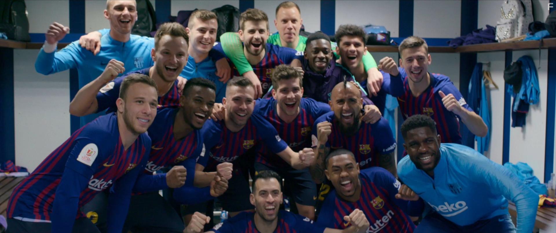 Arthur Melo, Rafinha Alcntara, Clment Lenglet, Malcom, Lionel Messi, Gerard Piqu, Luis Suarez, Ivan Rakitic, Sergio Busquets, Arturo Vidal, Marc-Andr Ter Stegen, Jordi Alba, Antoine Griezmann, Philippe Coutinho, FC Barcelona, Sergi Roberto, Nlson Semedo, and Ernesto Valverde in Matchday: Inside FC Barcelona (2019)