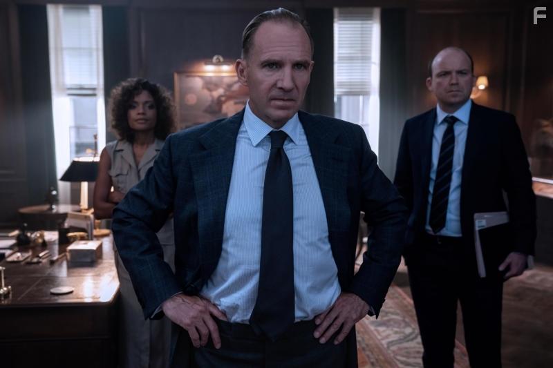 Ralph Fiennes, Naomie Harris, and Rory Kinnear in No Time to Die (2020)