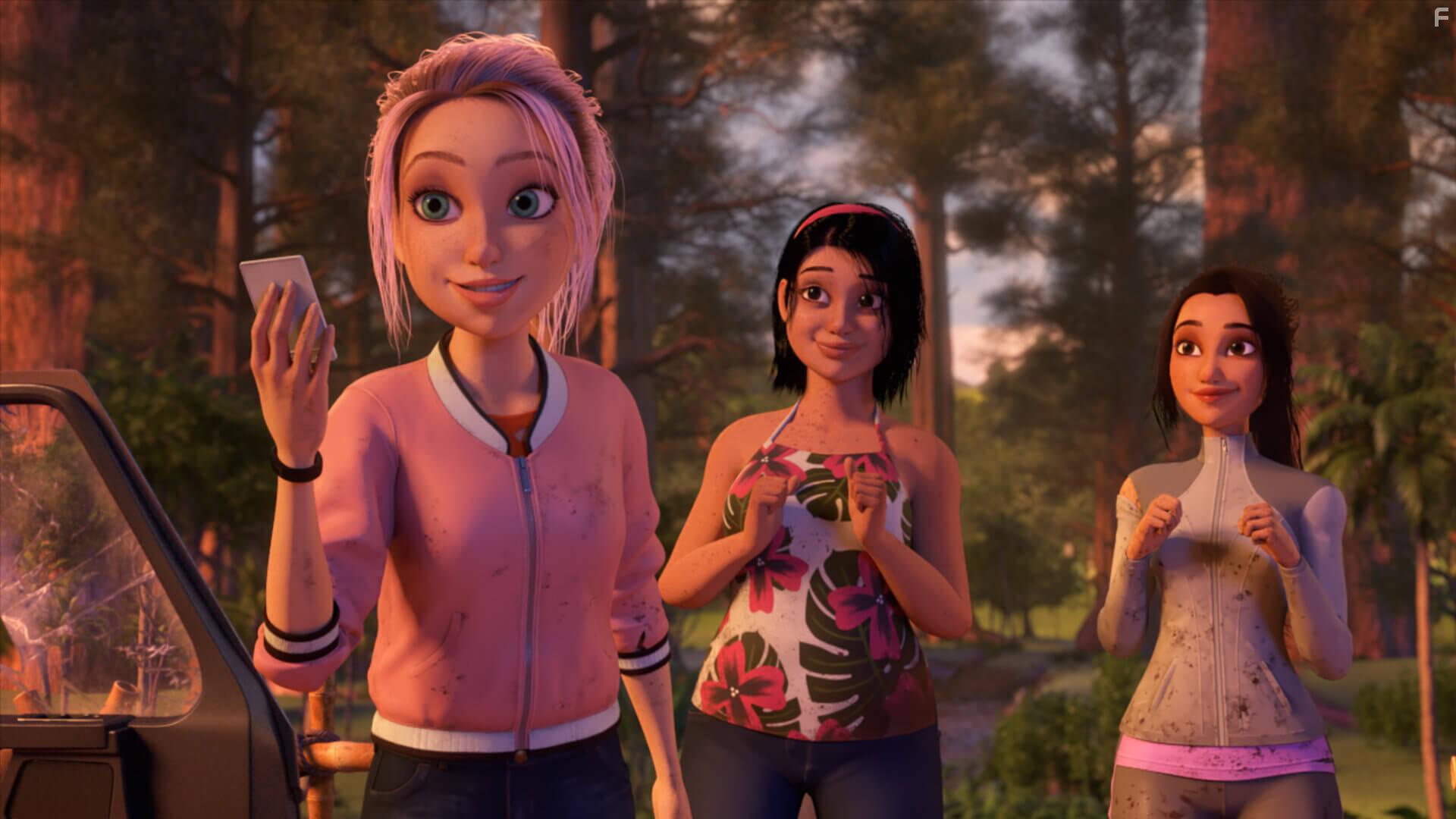 Raini Rodriguez, Jenna Ortega, and Kausar Mohammed in Jurassic World: Camp Cretaceous (2020)