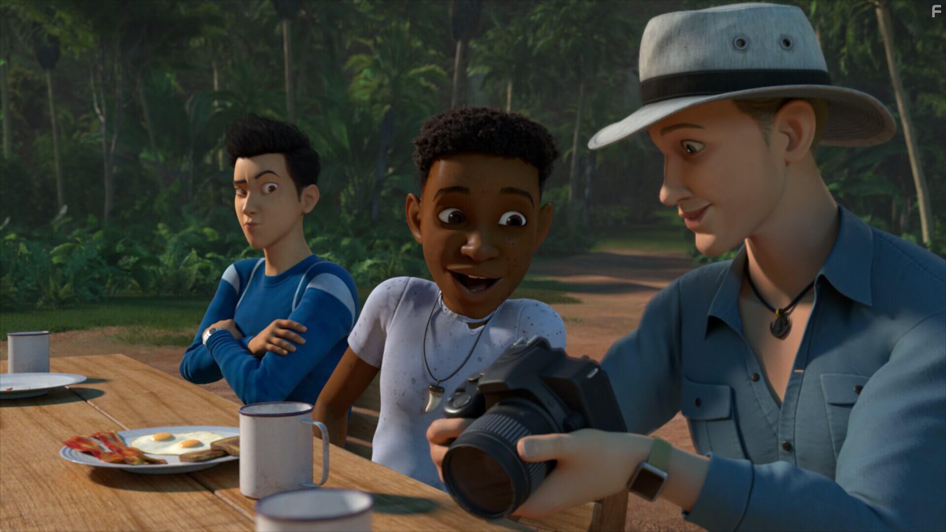 Bradley Whitford, Ryan Potter, and Paul-Mikl Williams in Jurassic World: Camp Cretaceous (2020)