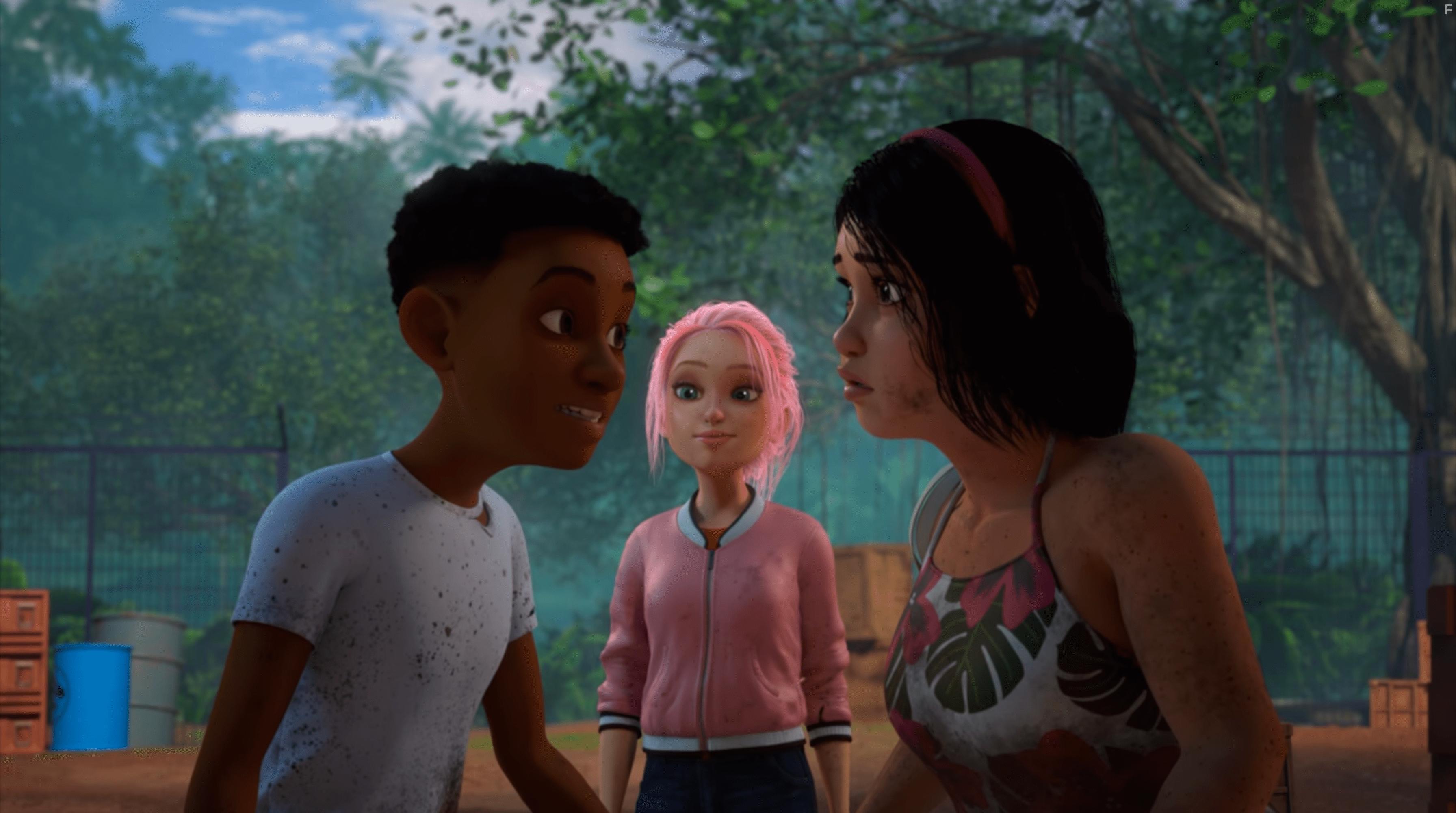 Raini Rodriguez, Jenna Ortega, and Paul-Mikl Williams in Jurassic World: Camp Cretaceous (2020)