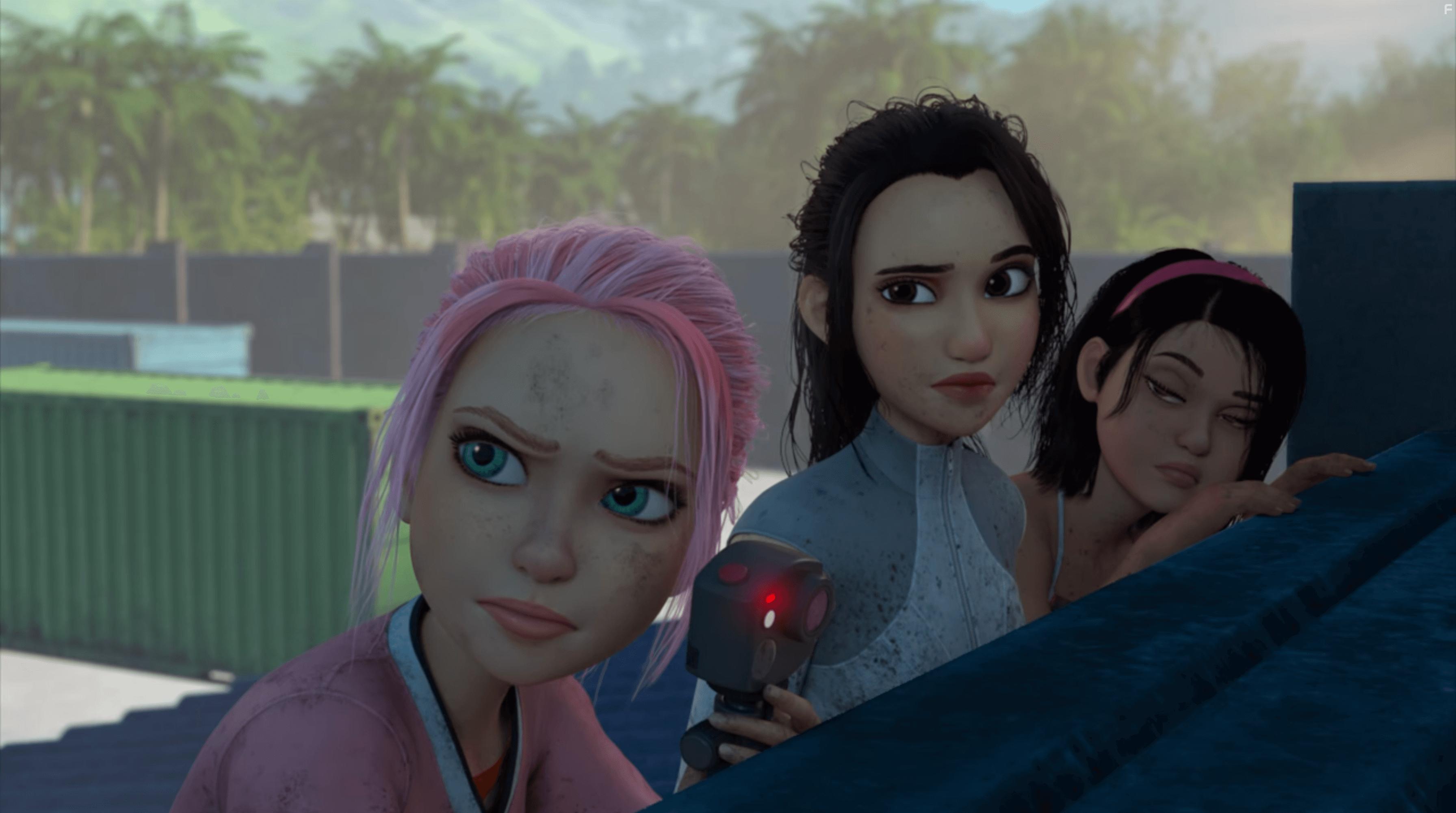 Raini Rodriguez, Jenna Ortega, and Kausar Mohammed in Jurassic World: Camp Cretaceous (2020)