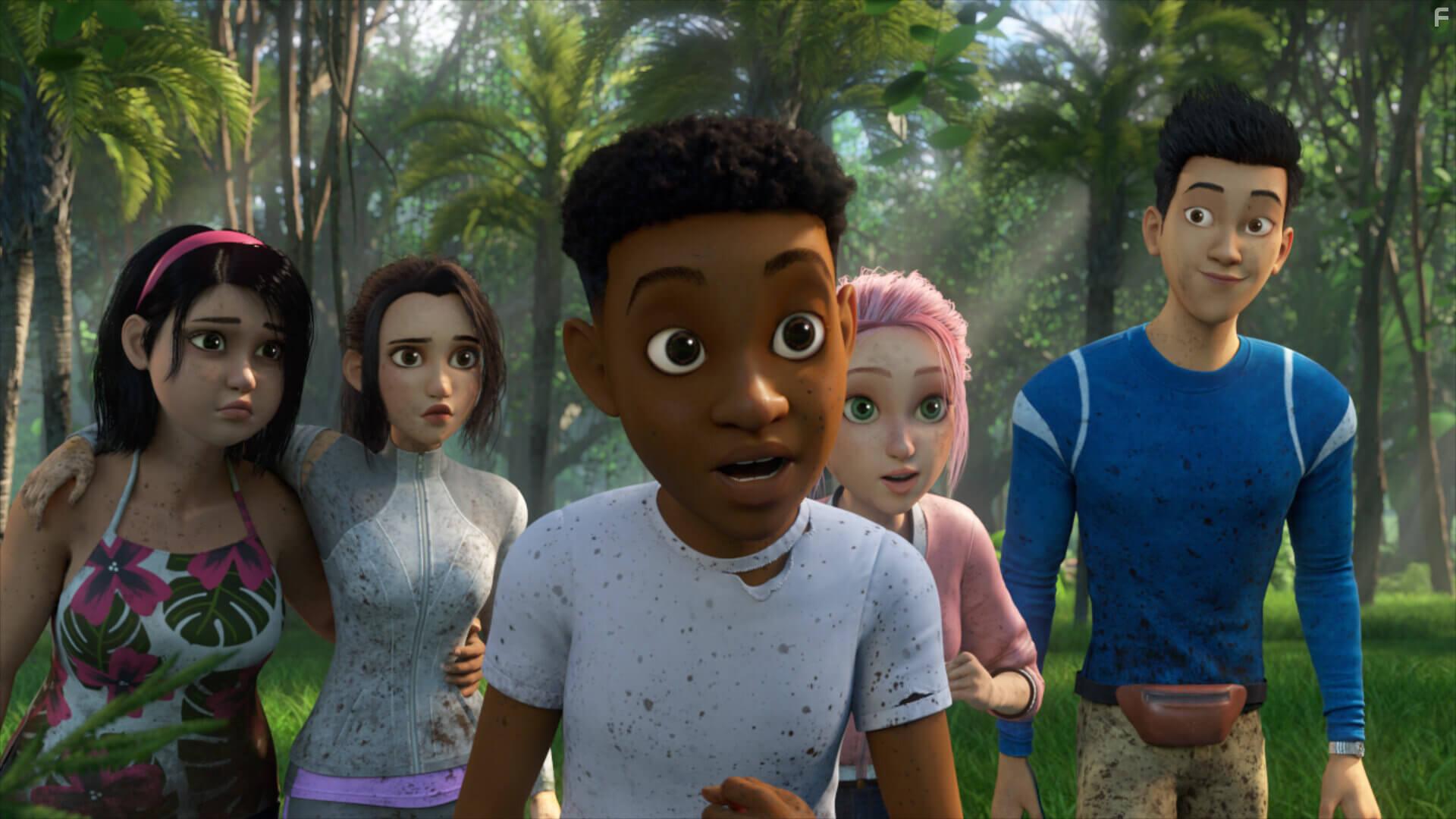 Raini Rodriguez, Ryan Potter, Jenna Ortega, Kausar Mohammed, and Paul-Mikl Williams in Jurassic World: Camp Cretaceous (2020)