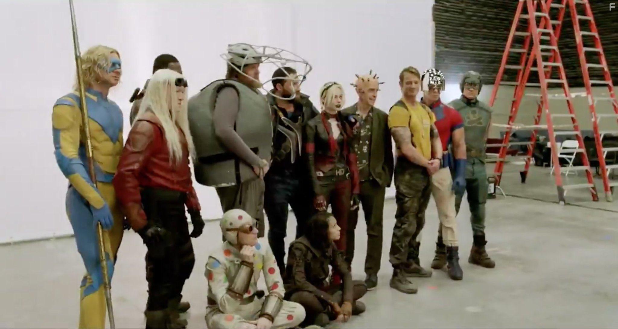 Steve Agee, Peter Capaldi, Pete Davidson, Idris Elba, Nathan Fillion, Michael Rooker, John Cena, Joel Kinnaman, Jai Courtney, David Dastmalchian, Flula Borg, Margot Robbie, Mayling Ng, and Daniela Melchior in The Suicide Squad (2021)