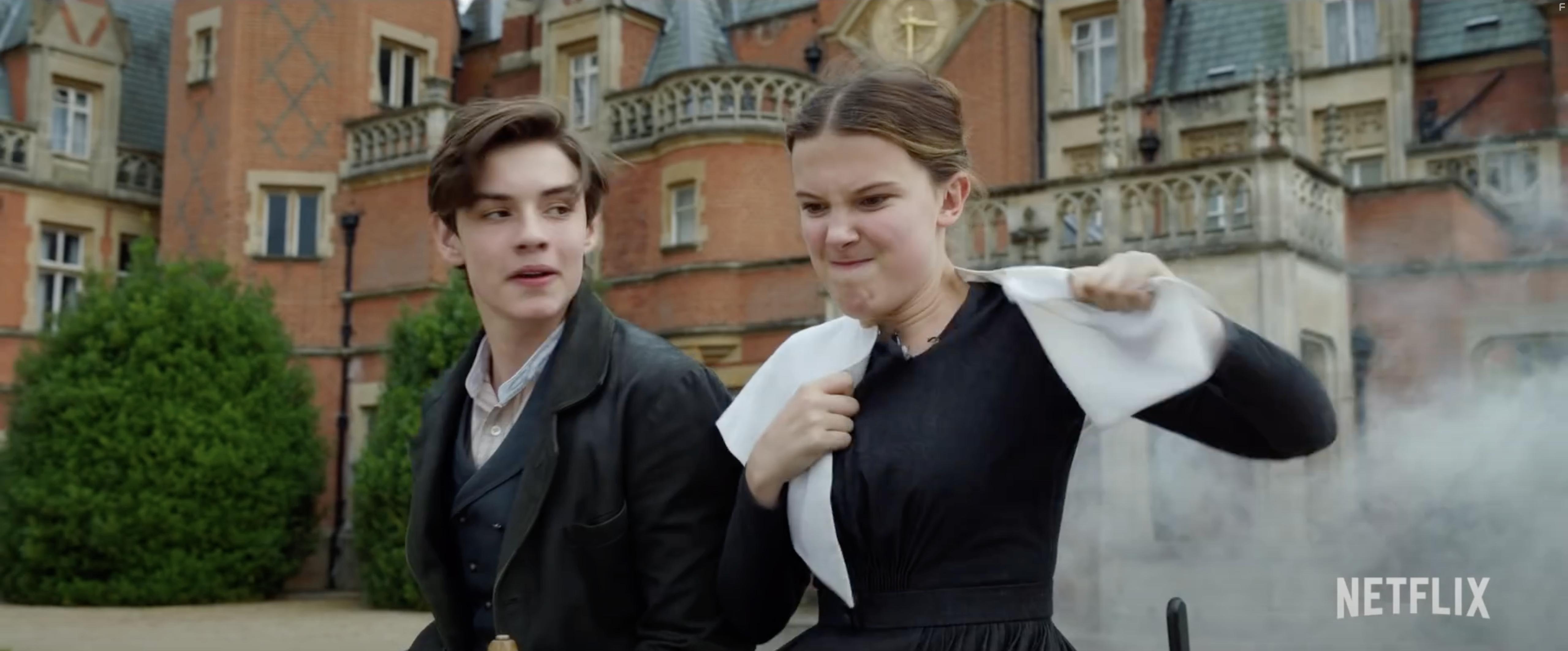 Millie Bobby Brown and Louis Partridge in Enola Holmes (2020)