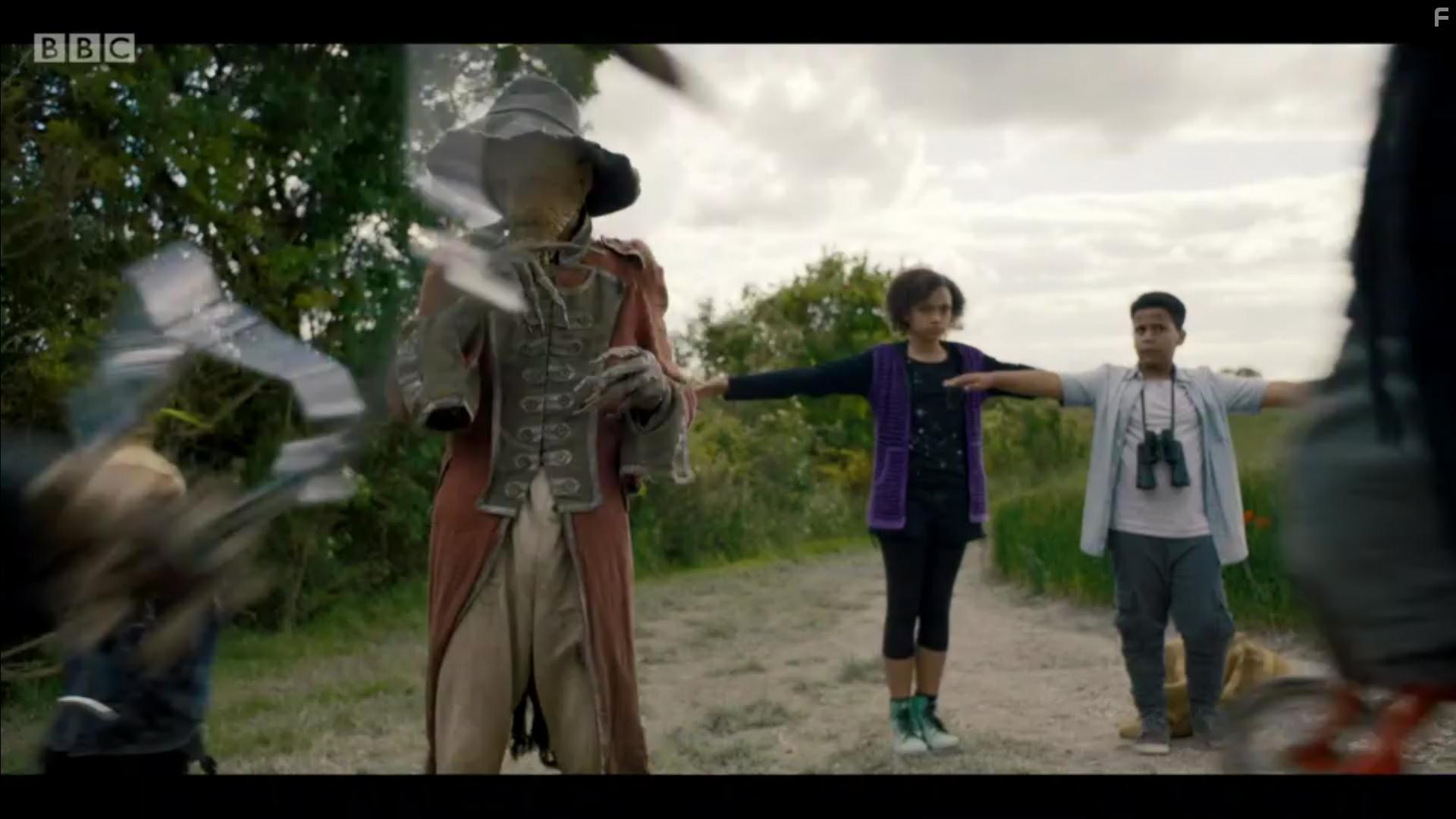 Mackenzie Crook, Thierry Wickens, and India Brown in Worzel Gummidge (2019)