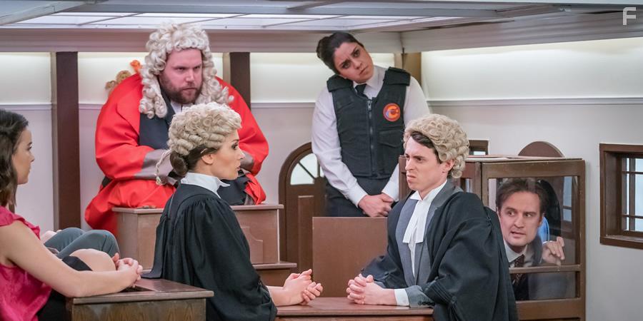 Nancy Zamit, Holly Sumpton, Jonathan Sayer, Henry Shields, Henry Lewis, and Bryony Corrigan in The Goes Wrong Show: A Trial to Watch (2020)