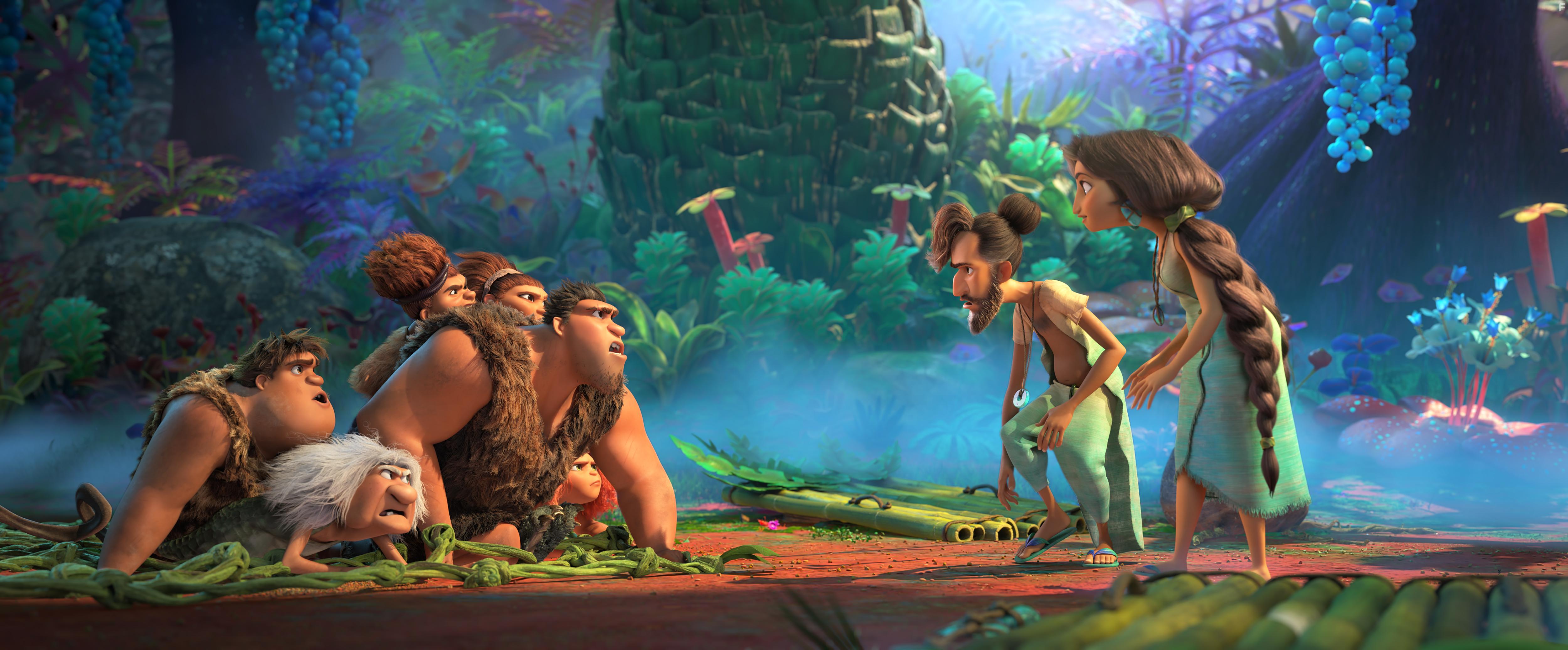 Nicolas Cage, Catherine Keener, Cloris Leachman, Leslie Mann, Peter Dinklage, Clark Duke, Kailey Crawford, and Emma Stone in The Croods: A New Age (2020)
