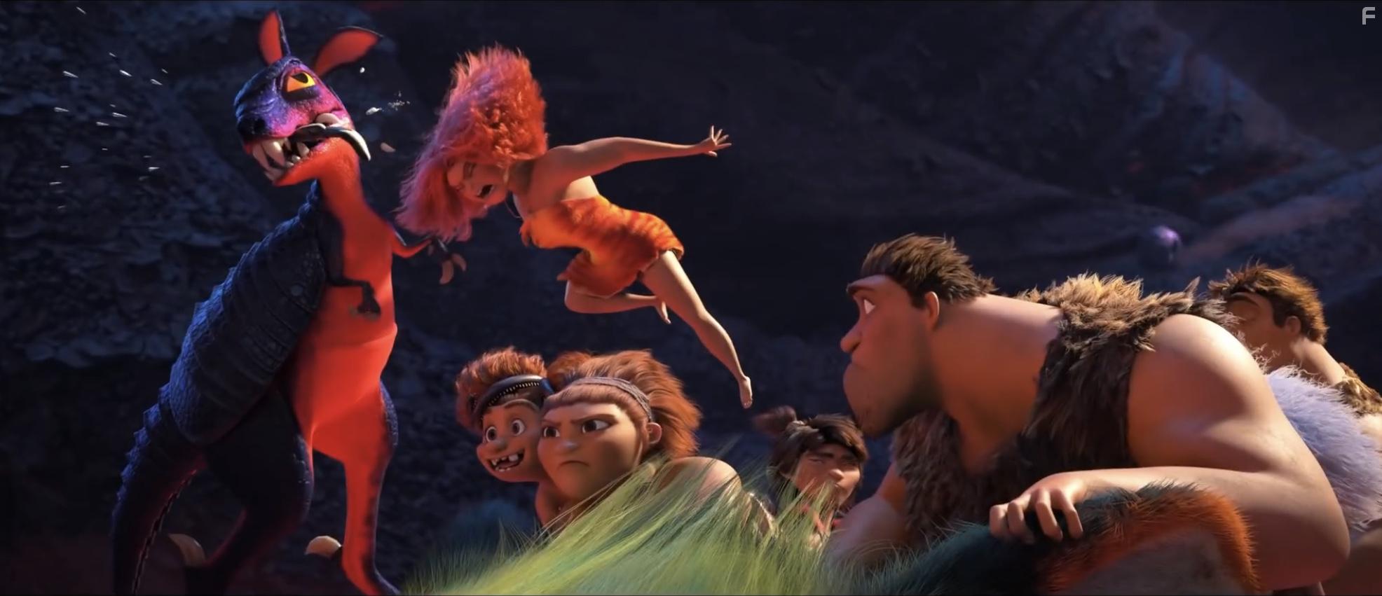 Nicolas Cage, Catherine Keener, Cloris Leachman, Ryan Reynolds, Clark Duke, Kailey Crawford, and Emma Stone in The Croods: A New Age (2020)