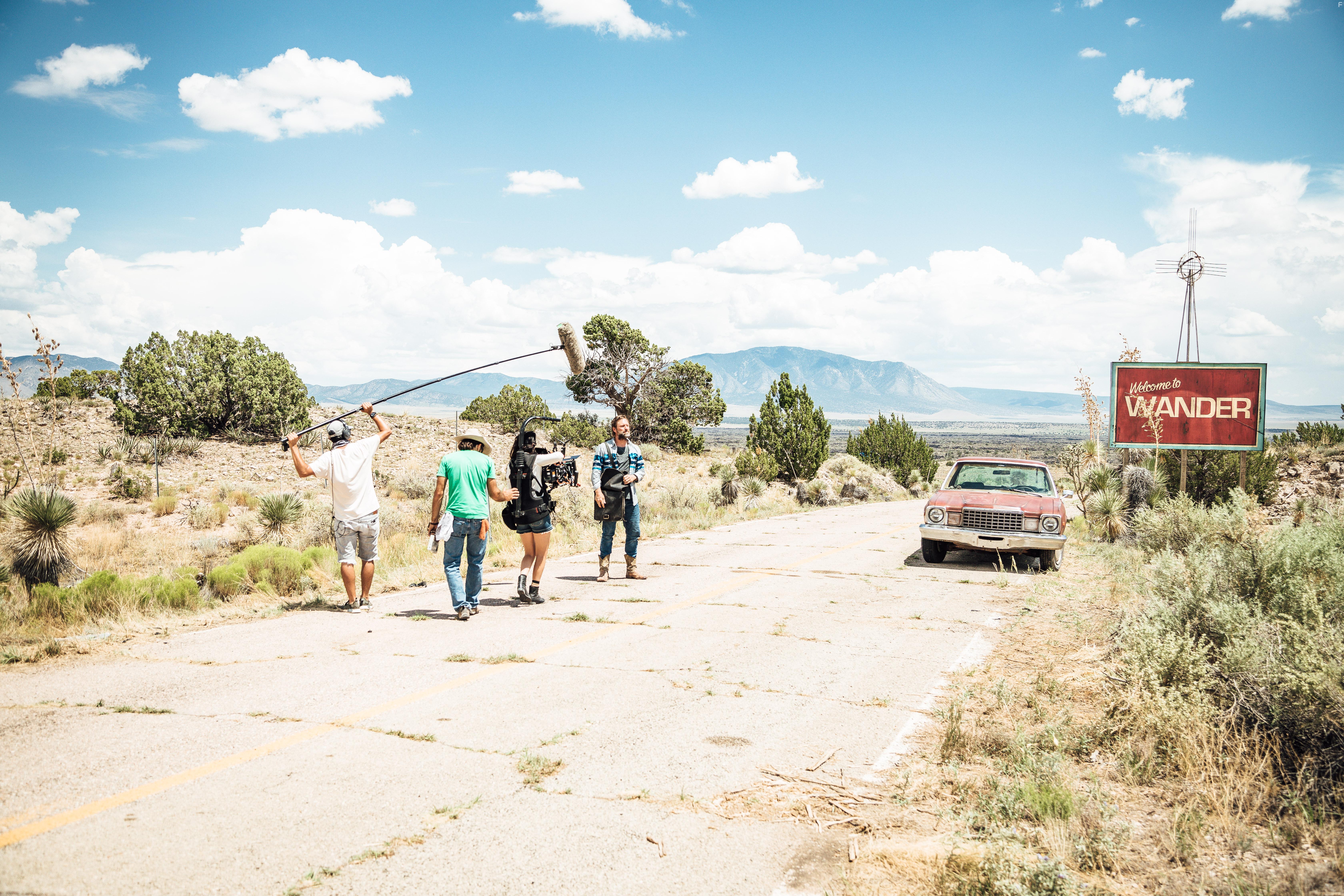 Director April Mullen with actor Aaron Eckhart on the Set of Wander